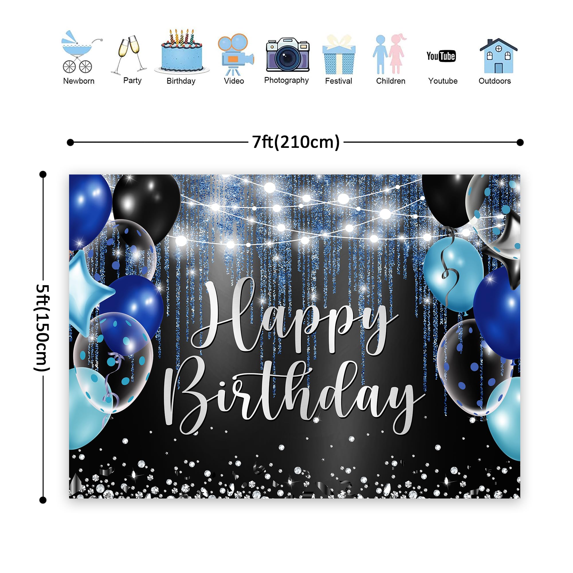 Riyidecor Royal Navy Blue Black Happy Birthday Backdrop For Men Boys 7Wx5H Feet Polyester Fabric Modern Balloons Diamonds Sparkl