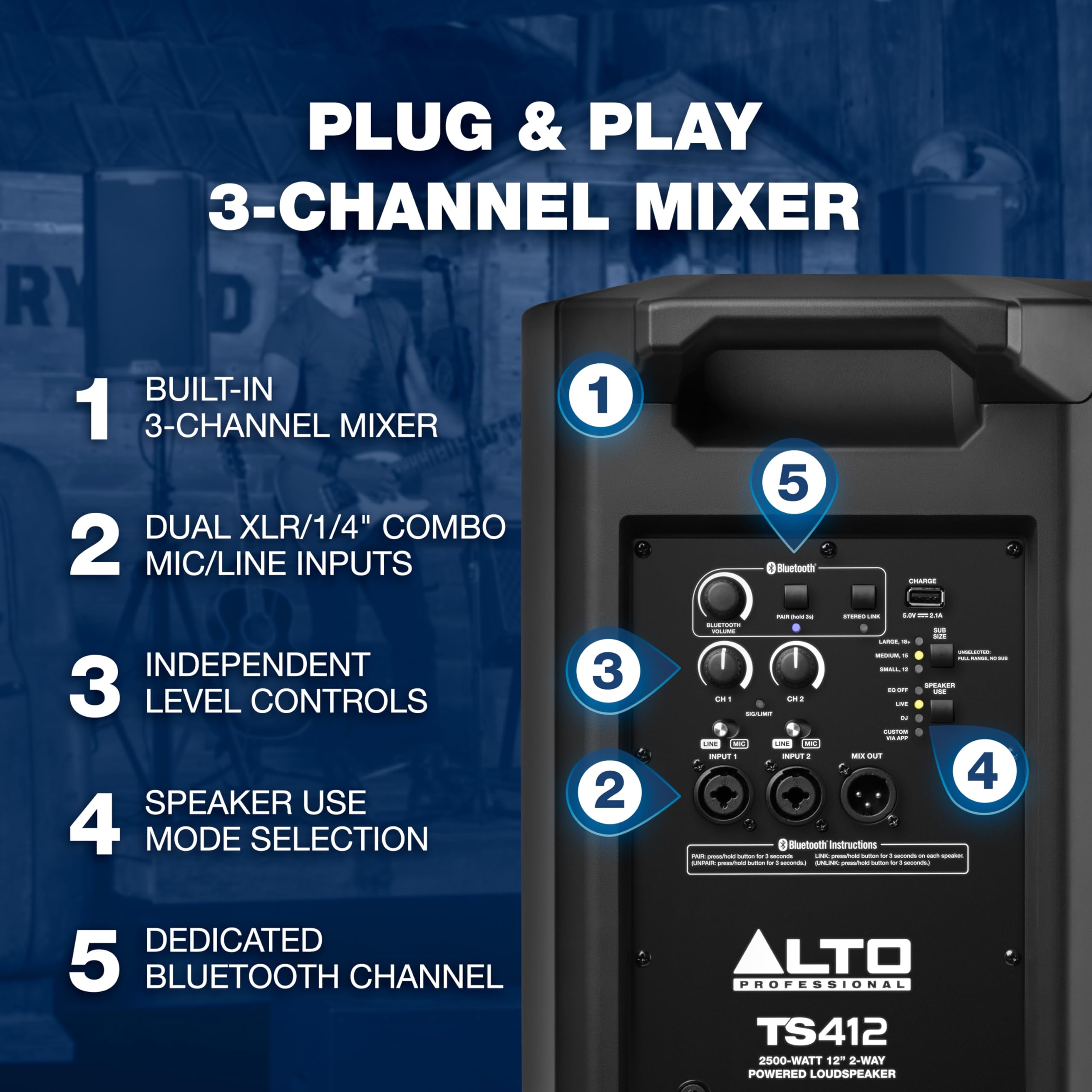 Alto Ts412 2500W 12 Powered Pa Speaker With 3 Channel Mixer, Bluetooth Streaming, Wireless Loudspeaker Linking, Dsp App