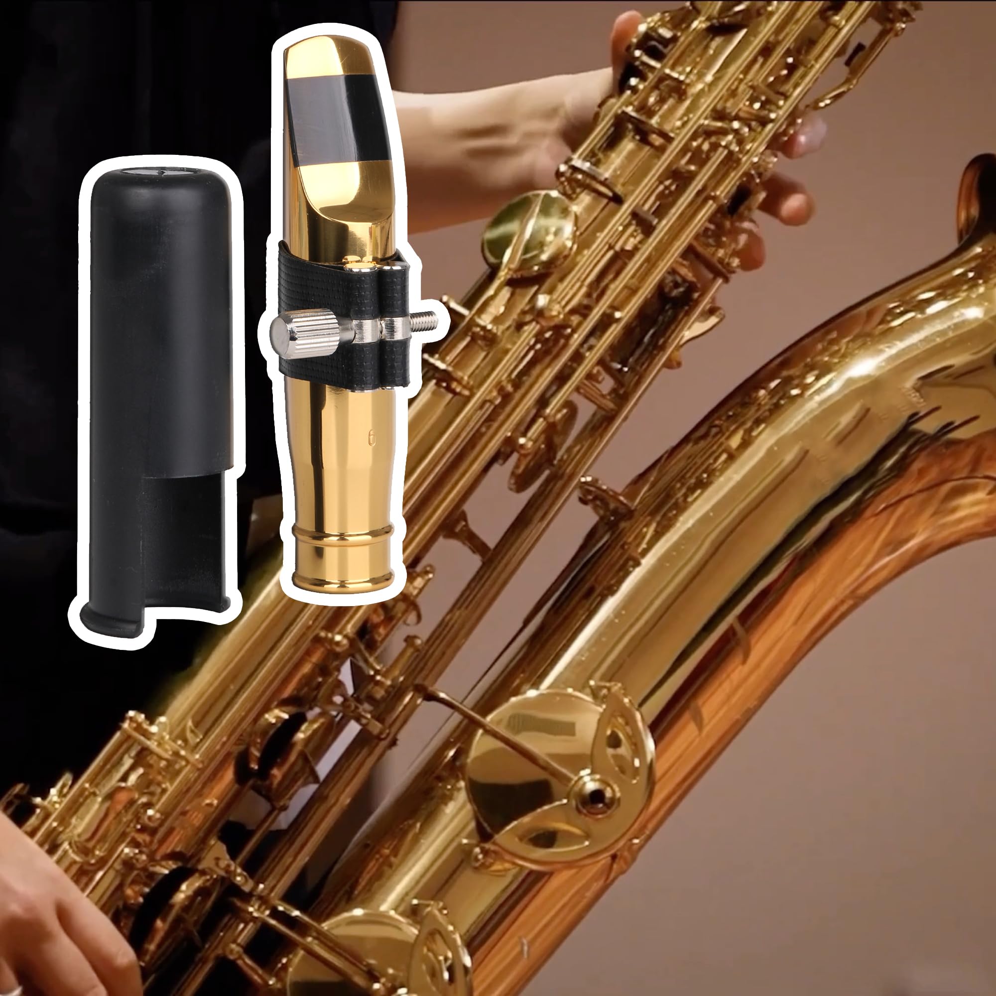 Yibuy Golden B Flat Tenor Saxophone Mouthpiece Gold 6# Pu Leather Cap 10.6X3.5Cm