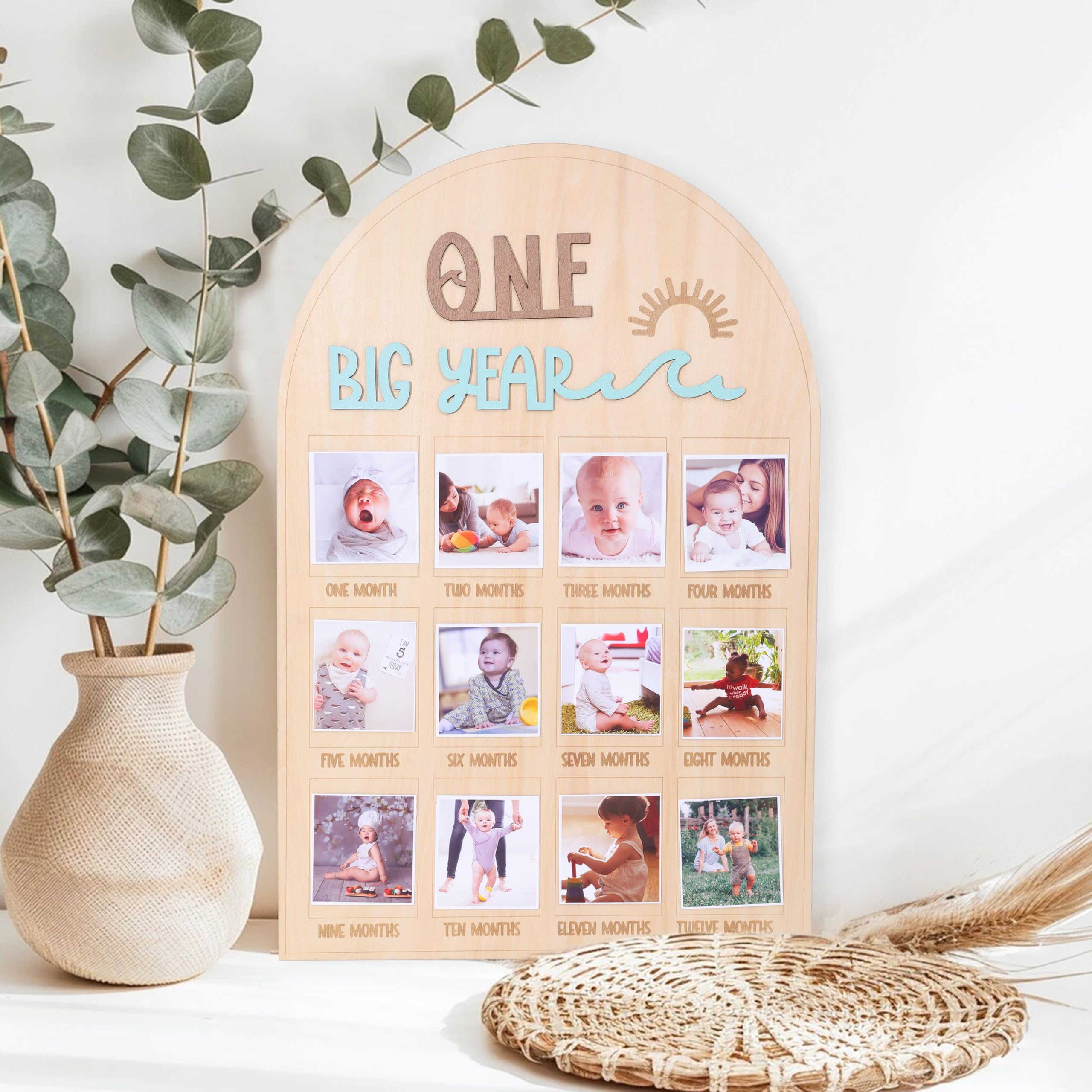 Agkvw The Big One Surf One Year Old Photo Board   My First Year Photo Display Wood Board, Wave Theme Monthly Milestone Photo Boa
