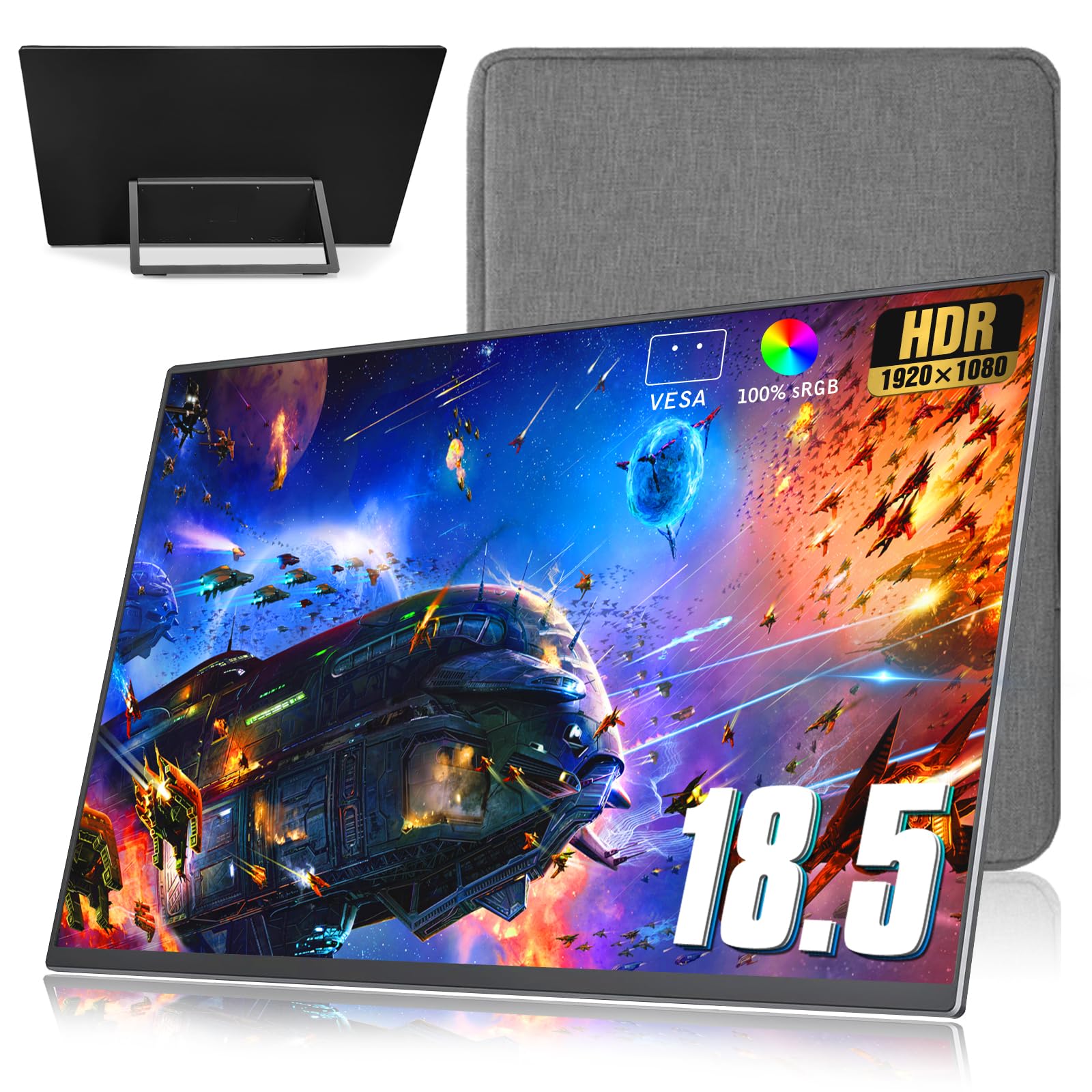 18.5 Inch Portable Monitor + Sleeve 120Hz 1080P,100% Srgb Fhd Hdr Usb Hdmi With Vesa Ultra Slim Portable Laptop Office Monitor,F