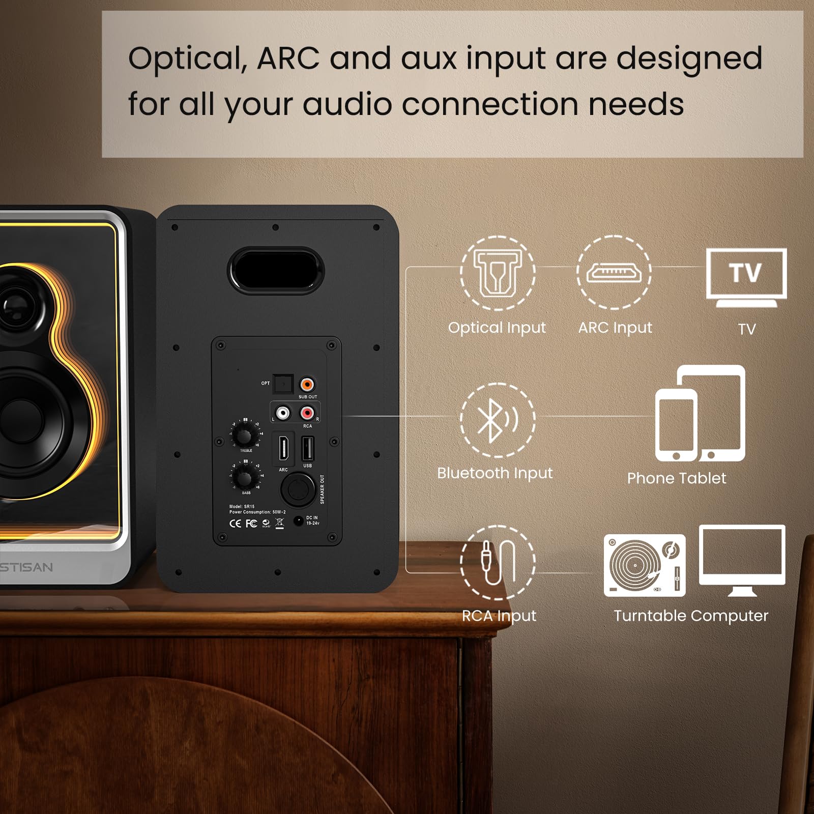 Bestisan Sr15 Bluetooth Bookshelf Speakers, Active Stereo Speakers For Tv/Record Player With Subwoofer Out And Light Effects, Tu