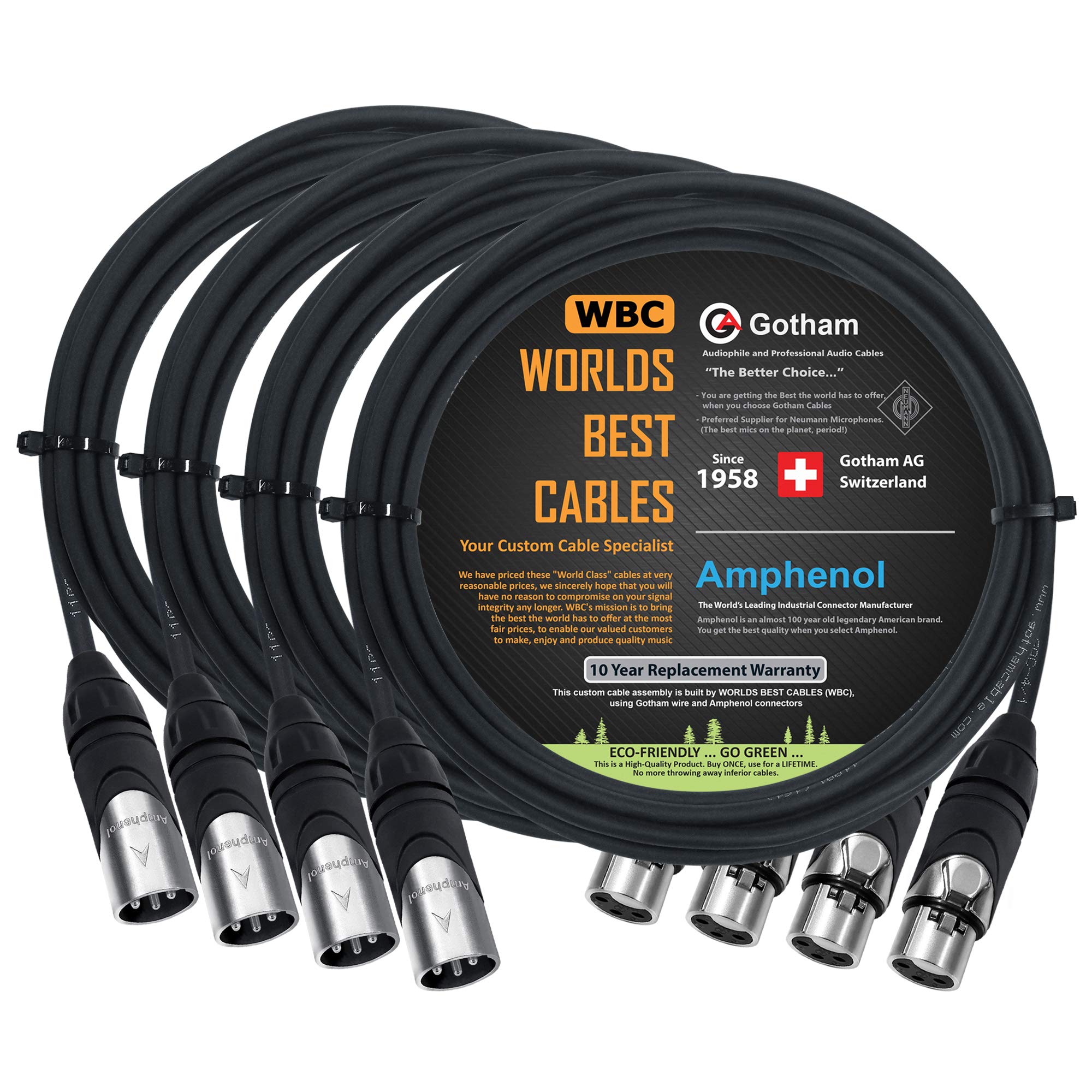 4 Units   10 Foot   Gotham Gac 4/1 (Black)   Star Quad, Dual Shielded Balanced Male To Female Microphone Cables With Amphenol Ax