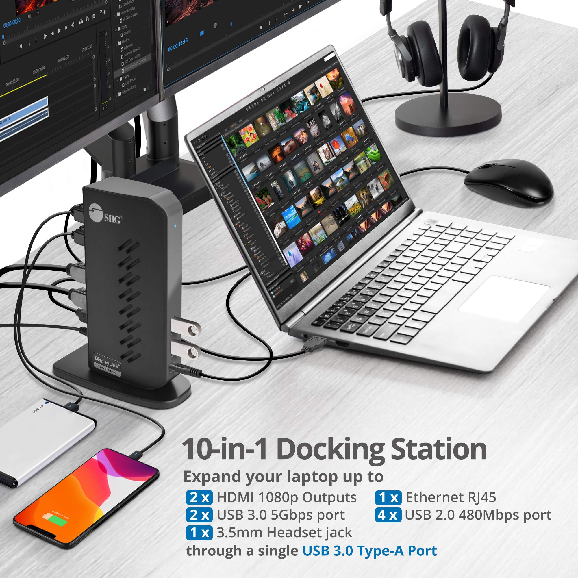 Siig Usb 3.0 Dual Monitor Docking Station - Up To 1080P, 2X Hdmi Ports, 2X Usb 3.0 Ports, 4X Usb 2.0, Gigabit Ethernet, 3.5Mm He