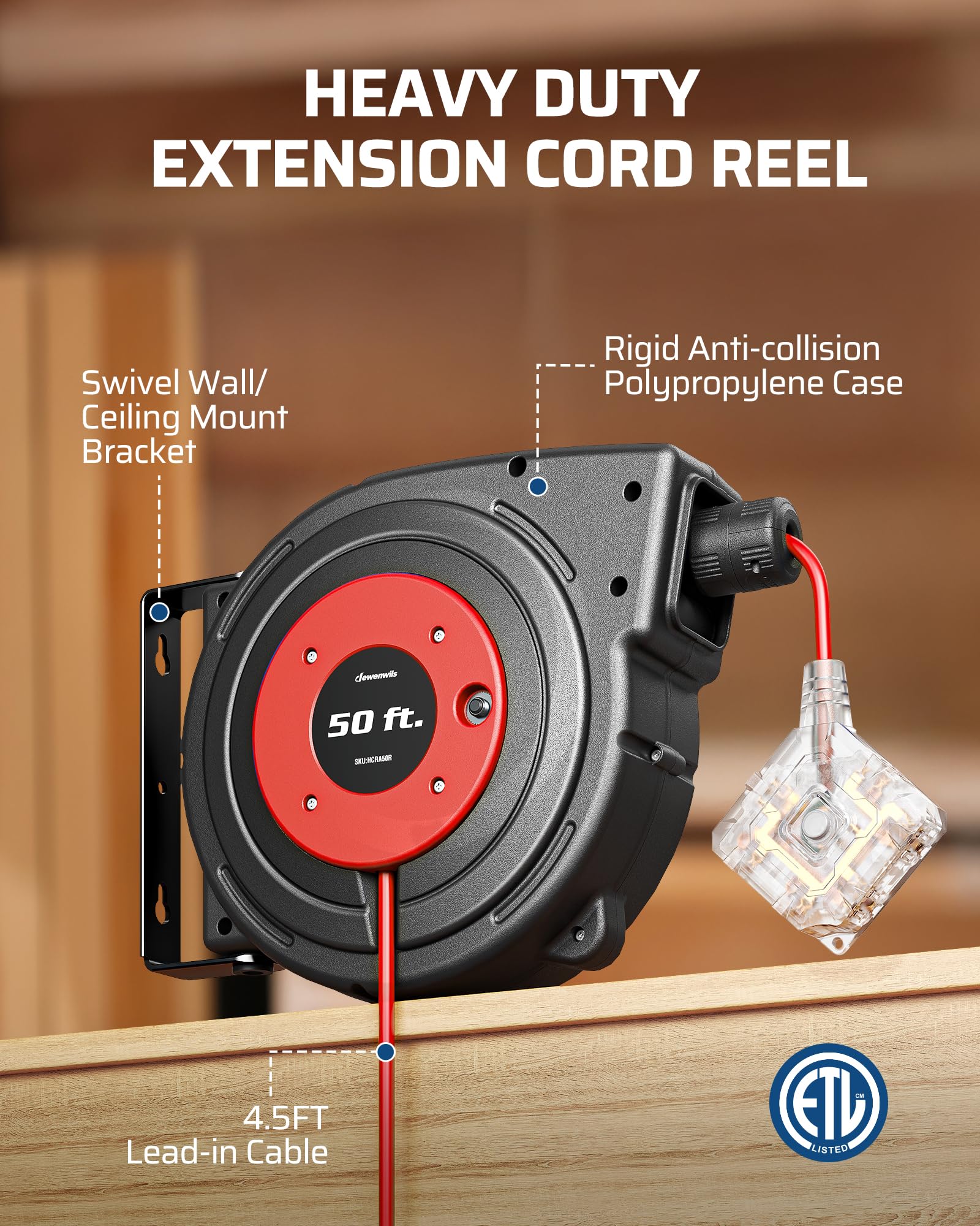 Dewenwils 50Ft Extension Cord Reel, Retractable Cord Reel, Twist Lock Stopper, 14/3C Sjtow, 6 Grounded Outlets, Retractable Exte