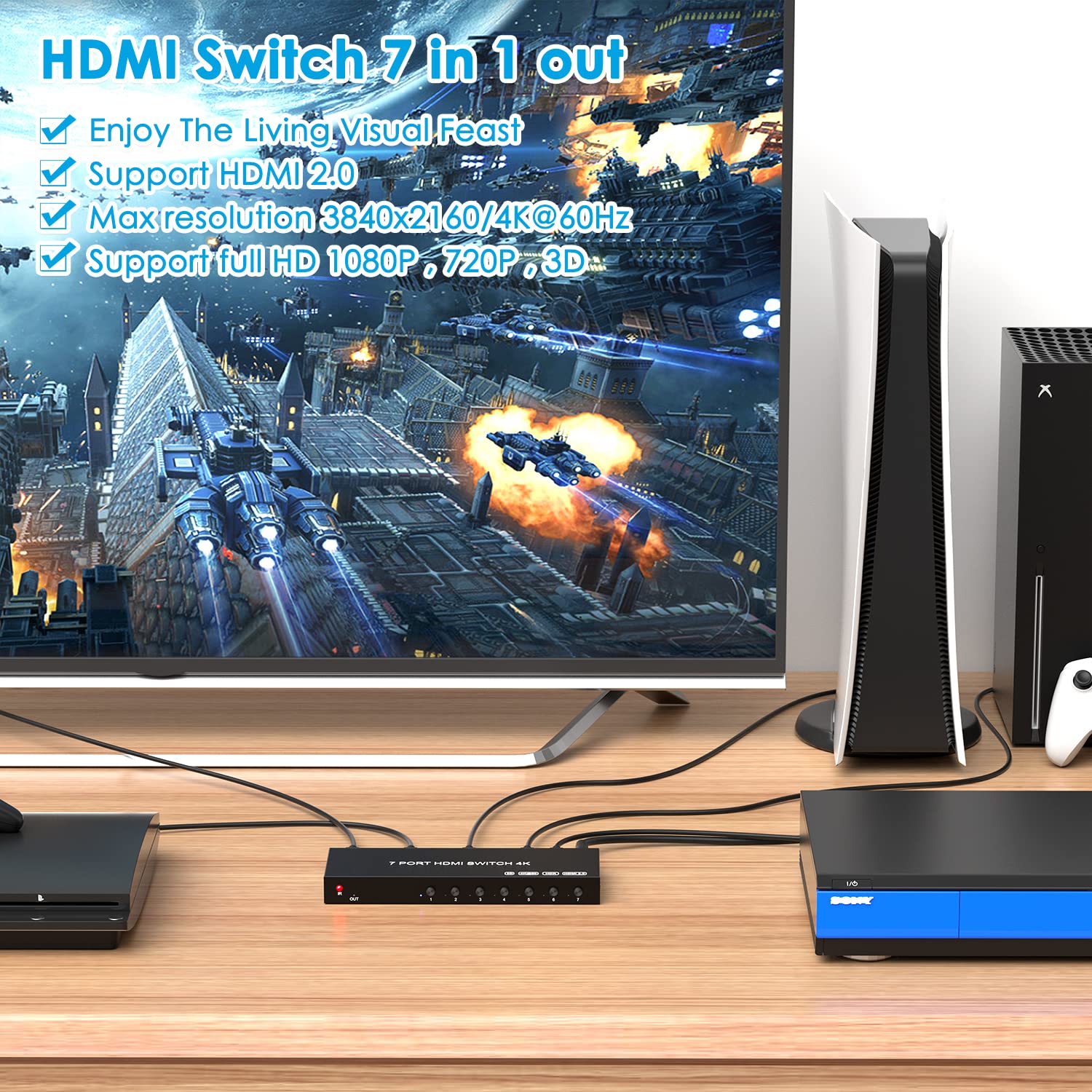 Hdmi Switch 7 In 1 Out,Semusgx Hdmi Switcher Box With Ir Remote Control,Hdmi2.0 Support 4K@60Hz Hdr, Hdcp, 3D, 1080P For Fire St