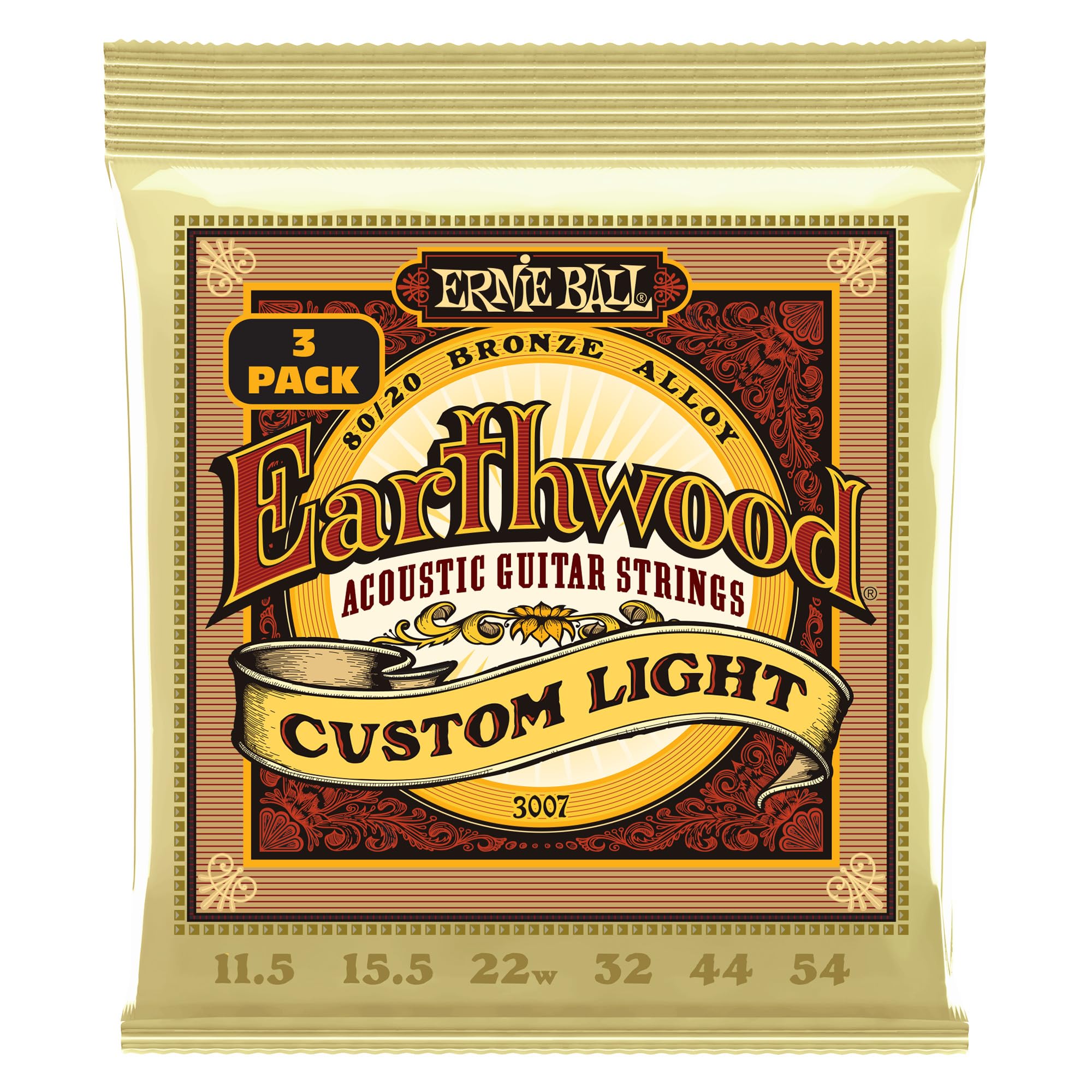 Ernie Ball Earthwood Custom Light 80/20 Bronze Acoustic Guitar Strings, 3 Pack, 11.5 54 Gauge (P02007)