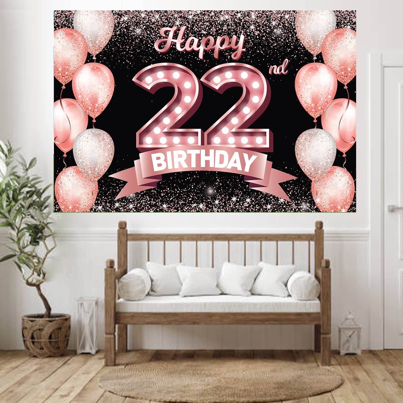 Happy 22Nd Birthday Rose Gold Banner Backdrop Cheers To 22 Years Old Confetti Balloons Theme Decor Decorations For Women 22 Year