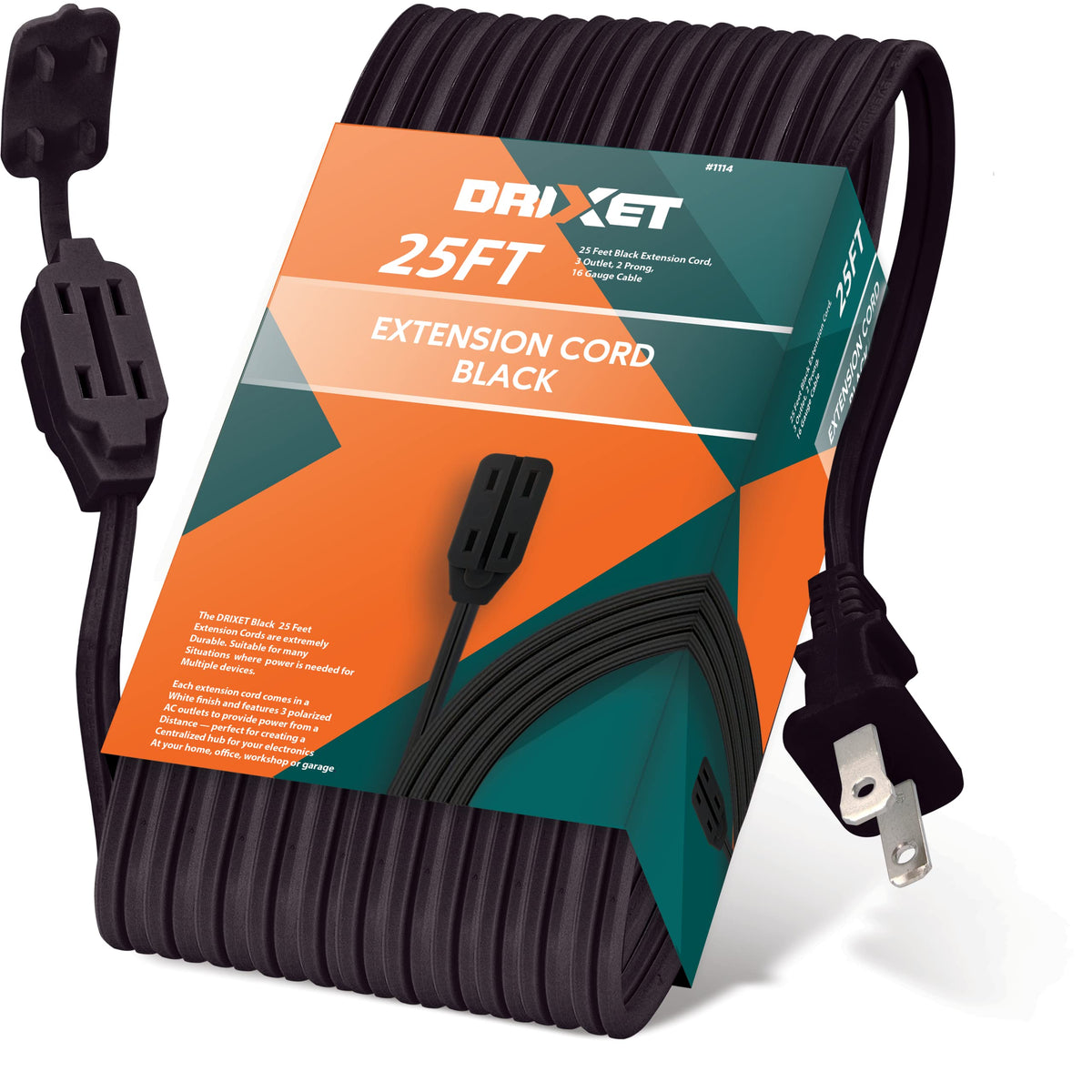 25 Feet Black Extension Cord, 3 Outlet, 2 Prong, 16 Gauge Cable, 3 Receptacle Cube Tap, Indoor Use   By Revpex