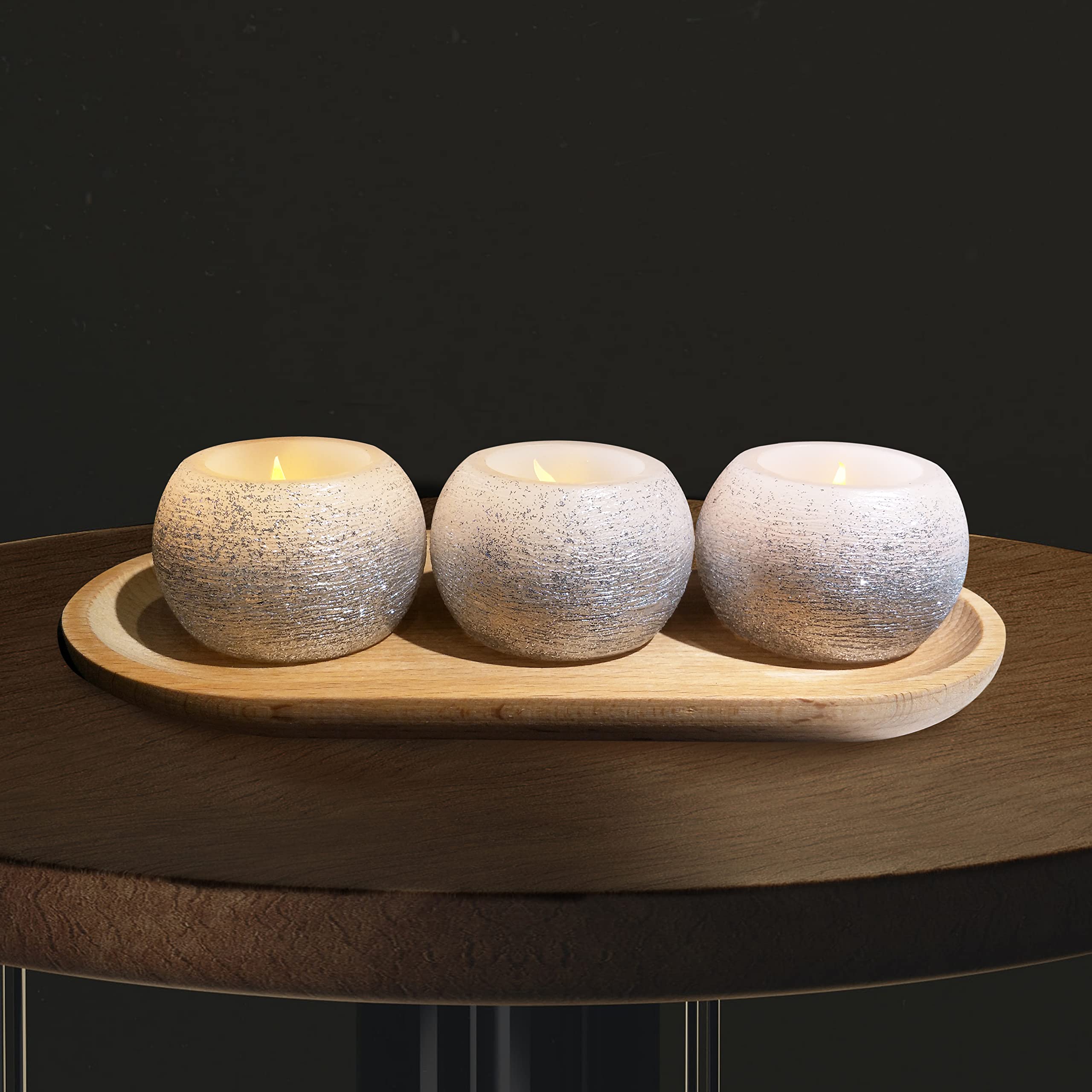 Furora Lighting Silver Glittery Real Wax Flameless Candles Pack Of 3, Led Flickering Round Candles Perfect For Wedding D  Cor, 2