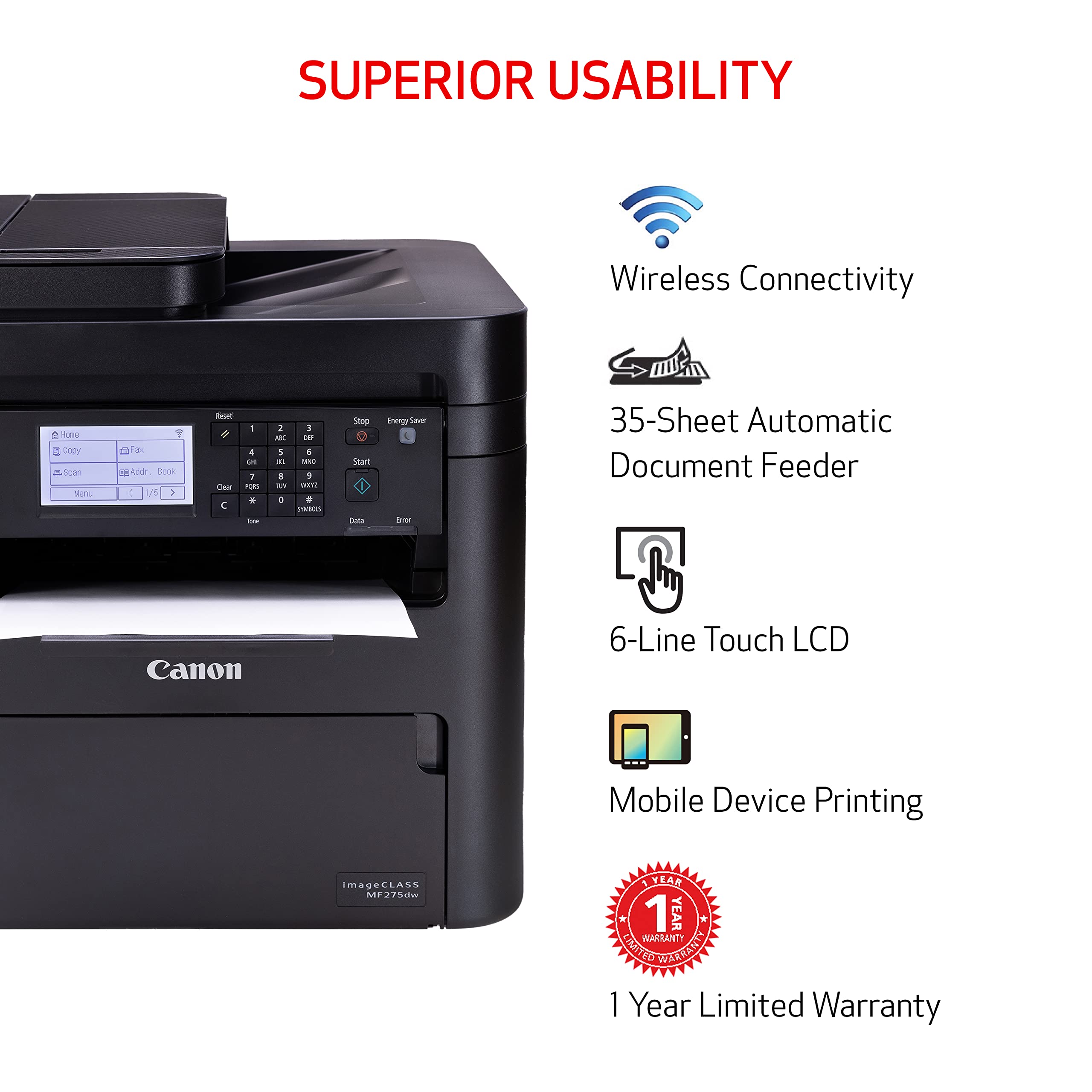 Canon Imageclass Mf275Dw   Monochrome, Duplex Wireless Laser Printer, All In One With Scanner, Copier, Fax, Mobile Ready, 30 Ppm