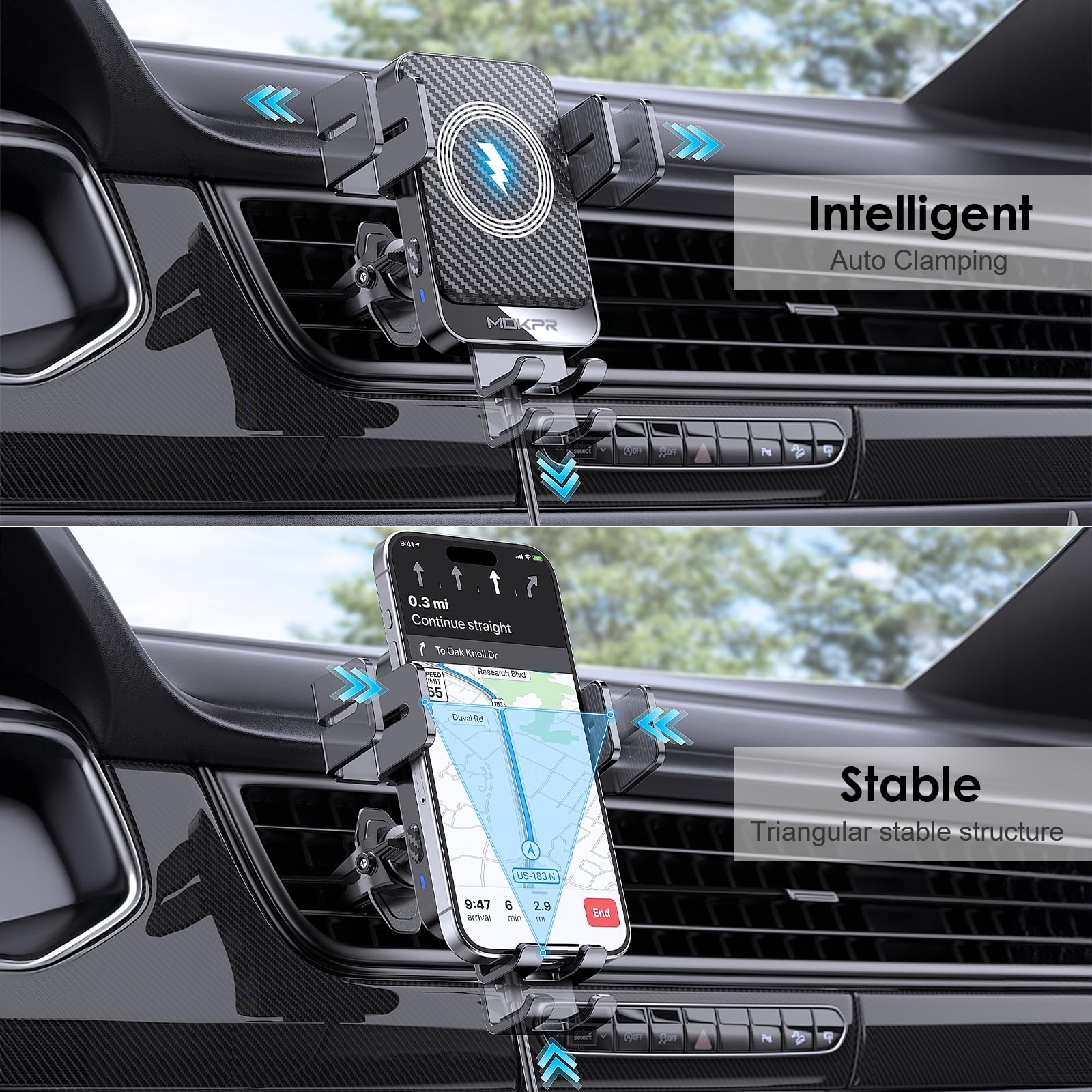 Wireless Car Charger, Mokpr 15W Fast Charging Auto Clamping Car Charger Phone Mount Air Vent Cell Phone Holder Compatible Iphone