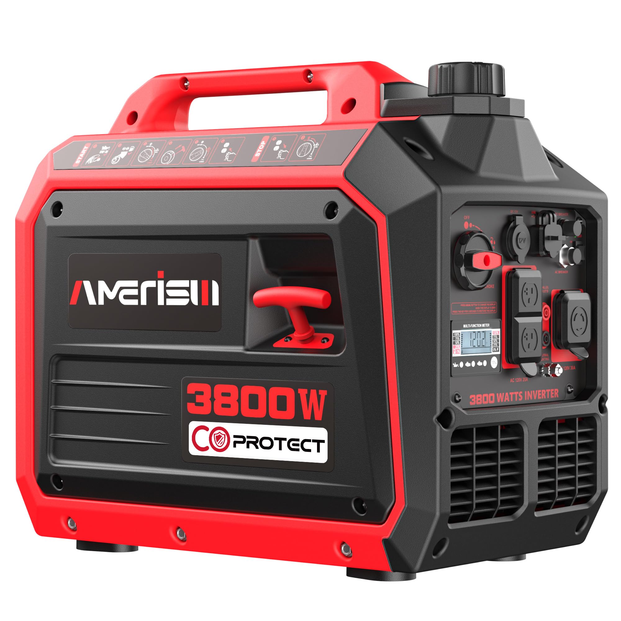AMERISUN 3800W Portable Inverter Generator, Gas Powered with CO Sensor, Digital Display, Super Quiet and Lightweight Generator f