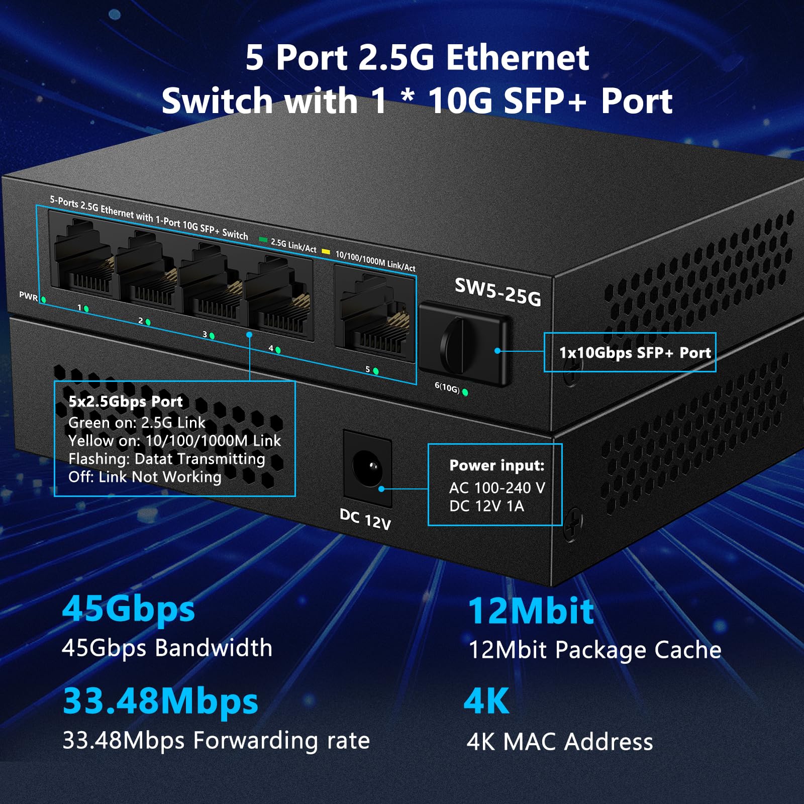 5 Port 2.5Gb Ethernet Switch Unmanaged Network Switch | 5 X 2.5 Gigabit | 1 X 10G Sfp+ | Multigig Switch Work With 10 100 1000Mb