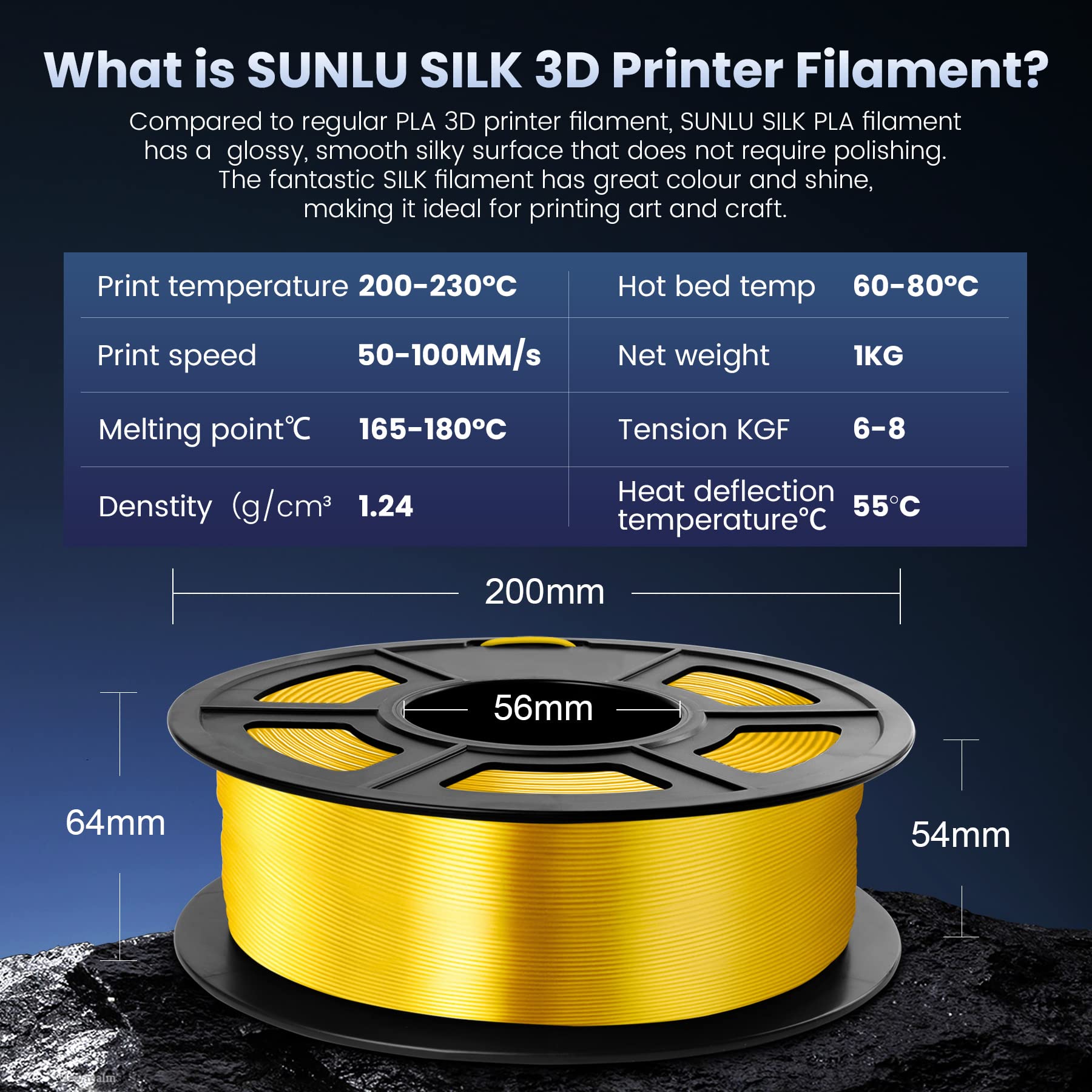 Sunlu 3D Printer Silk Filament,Shiny Silk Pla Filament 1.75Mm, Smooth Silky Surface, Great Easy To Print For 3D Printers, Dimens