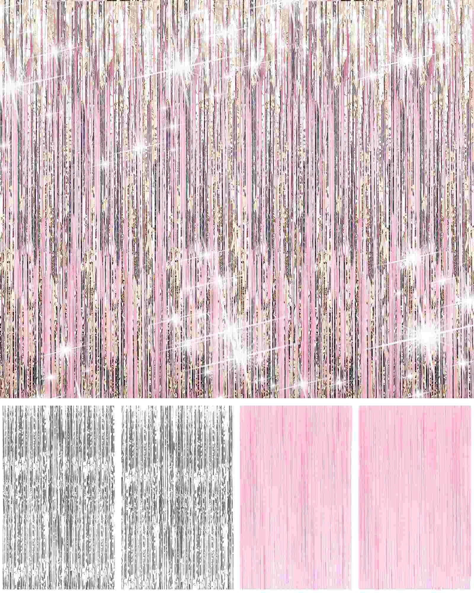 EUFARS Pink Party Backdrop Decorations - 4 Pack Pastel Pink and Silver Foil Fringe Curtains for Birthday Bachelorette Graduation