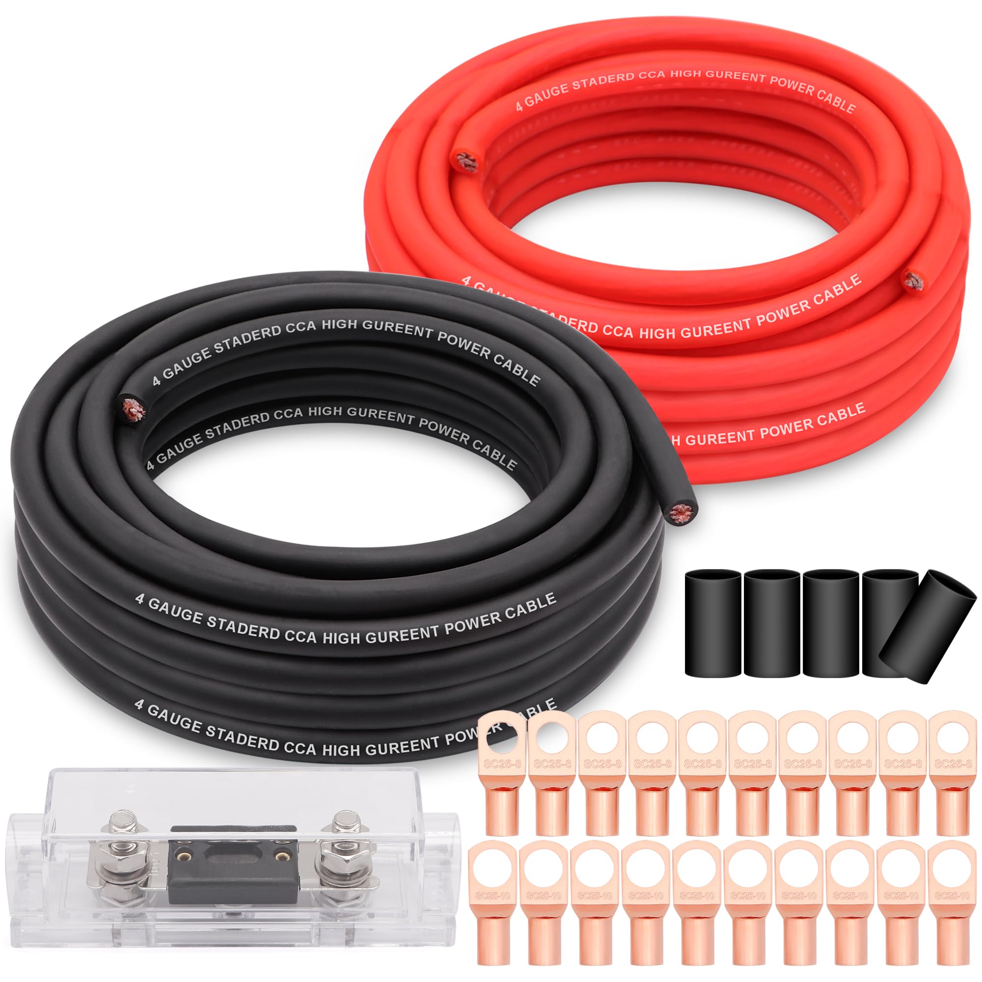 Taukealugs 4 Gauge Wire Copper Clad Aluminum Cca 50Ft Black/Red With 4Ga Lugs,100A Anl Fuse Holder And Heat Shrink Tube   Batter