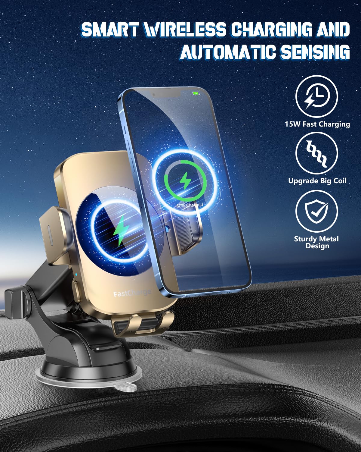 Bothlin Wireless Car Charger, Fast Charging Phone Holder 3 In 1 Phone Mount Auto Clamping Car Accessories Compatible With Iphone