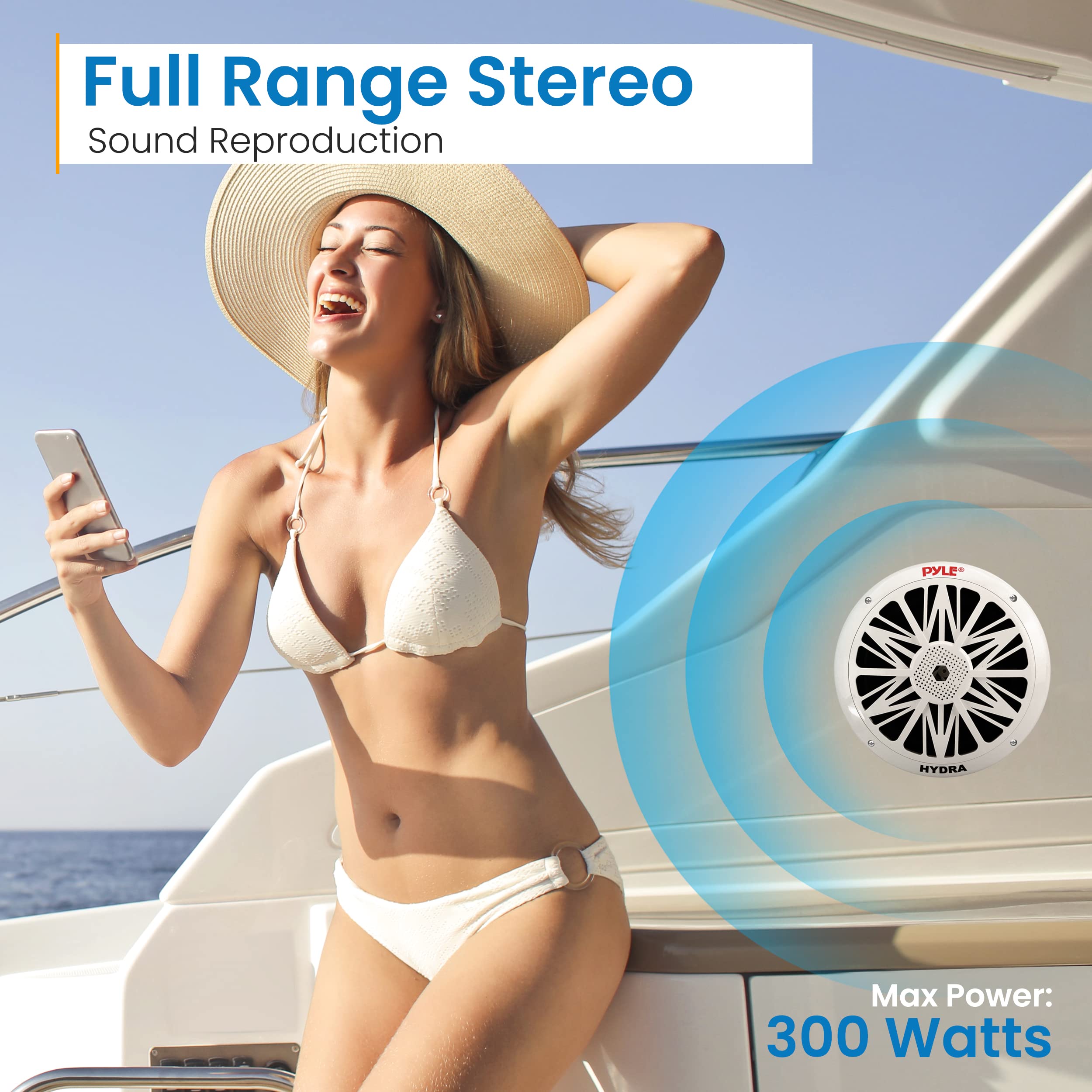Pyle 8 Inch Dual Marine Speakers 10 Inch Outer Frame Waterproof And Weather Resistant Outdoor 300 Watt Power And Poly Carbon Con