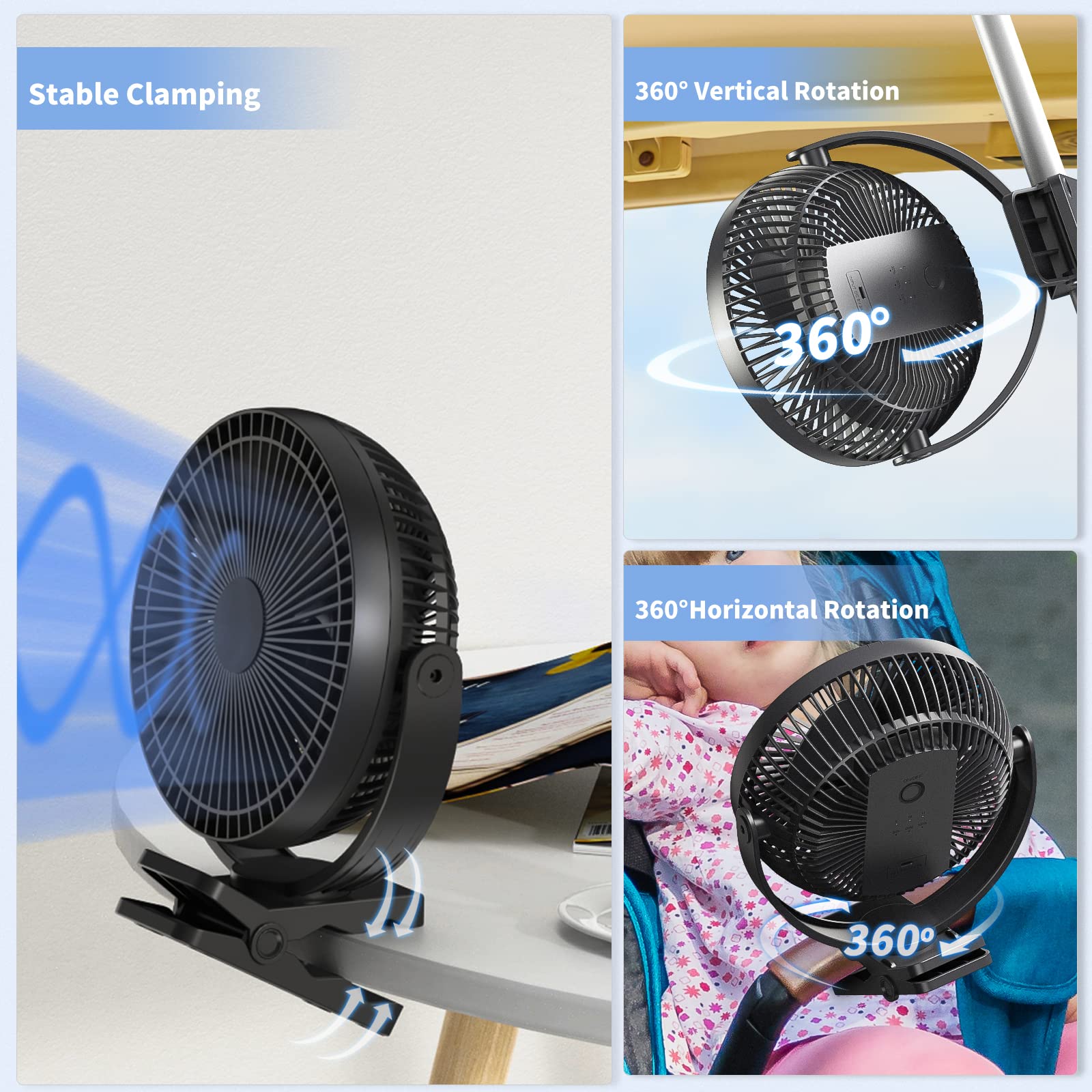 Clip On Fan, Rechargeable Portable Fan, 8 Inch Small Desk Fan   10000Mah Battery Powered Fan With 4 Speed, 360 Rotation Personal