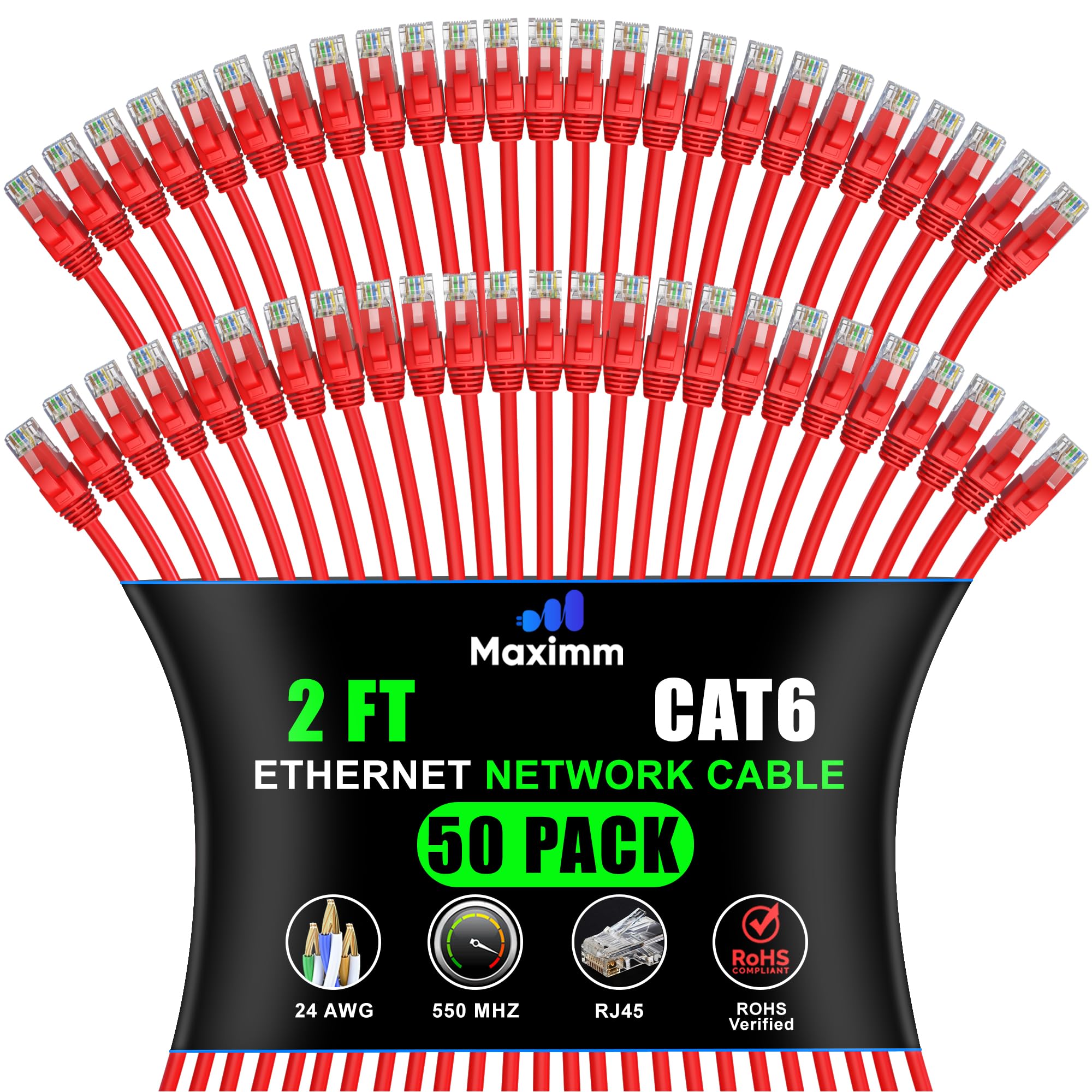 Maximm Cat 6 Ethernet Cable 2 ft (50-Pack) - High-Speed LAN, Internet, Patch, and Network Cable - UTP, 10Gbps, 550MHz Ethernet C