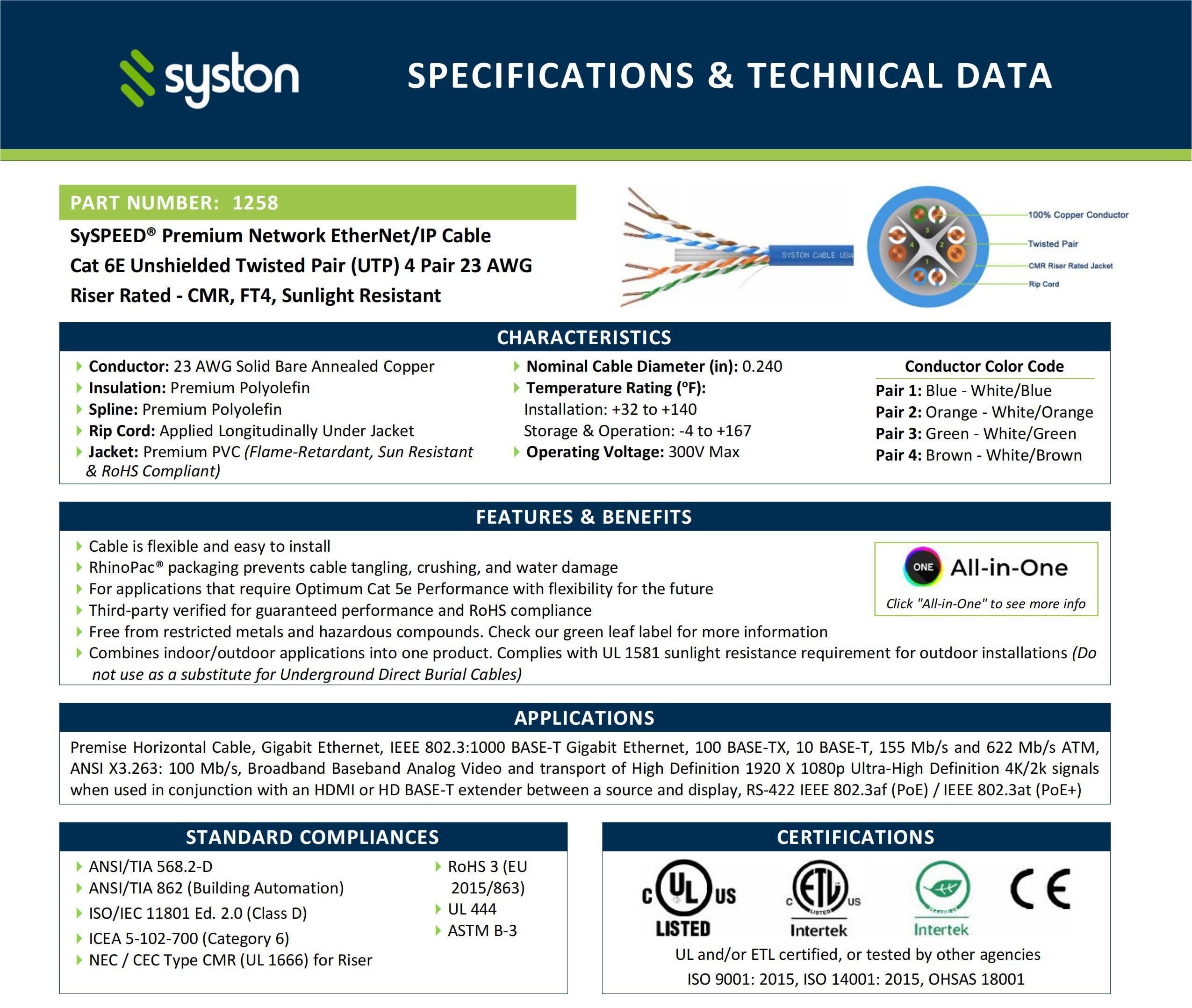 Syston Cable Technology Cat 6E Ethernet Network Cable   100 Ft,600Mhz 23Awg Solid Bare Copper Wire Outdoor/Indoor, Bulk No Ends 10 Ft To 1000 Ft Available, Heat Resistant Riser Rated   Cmr