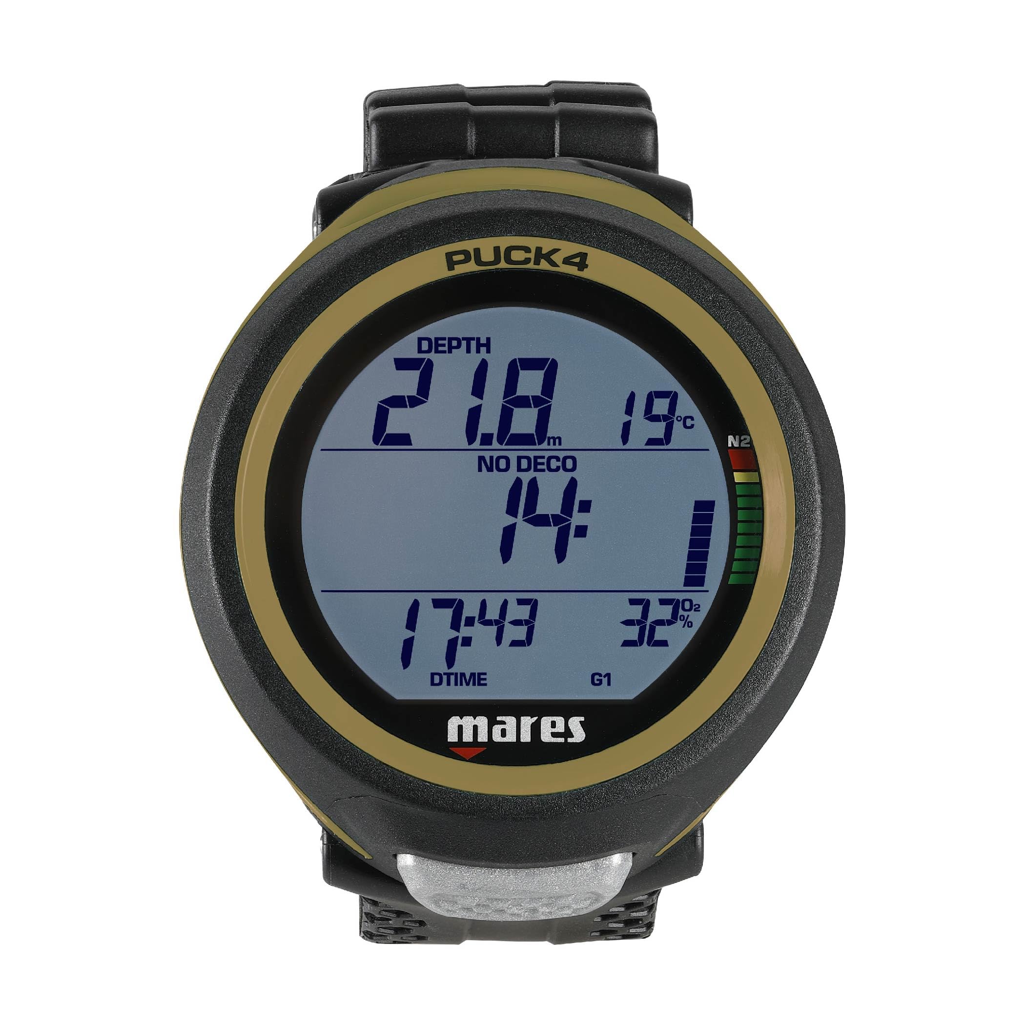 Mares Puck 4 Wrist Dive Computer | Entry-Level Watch-Style One Button Control Underwater Scuba Diving Computer, Black/Olive