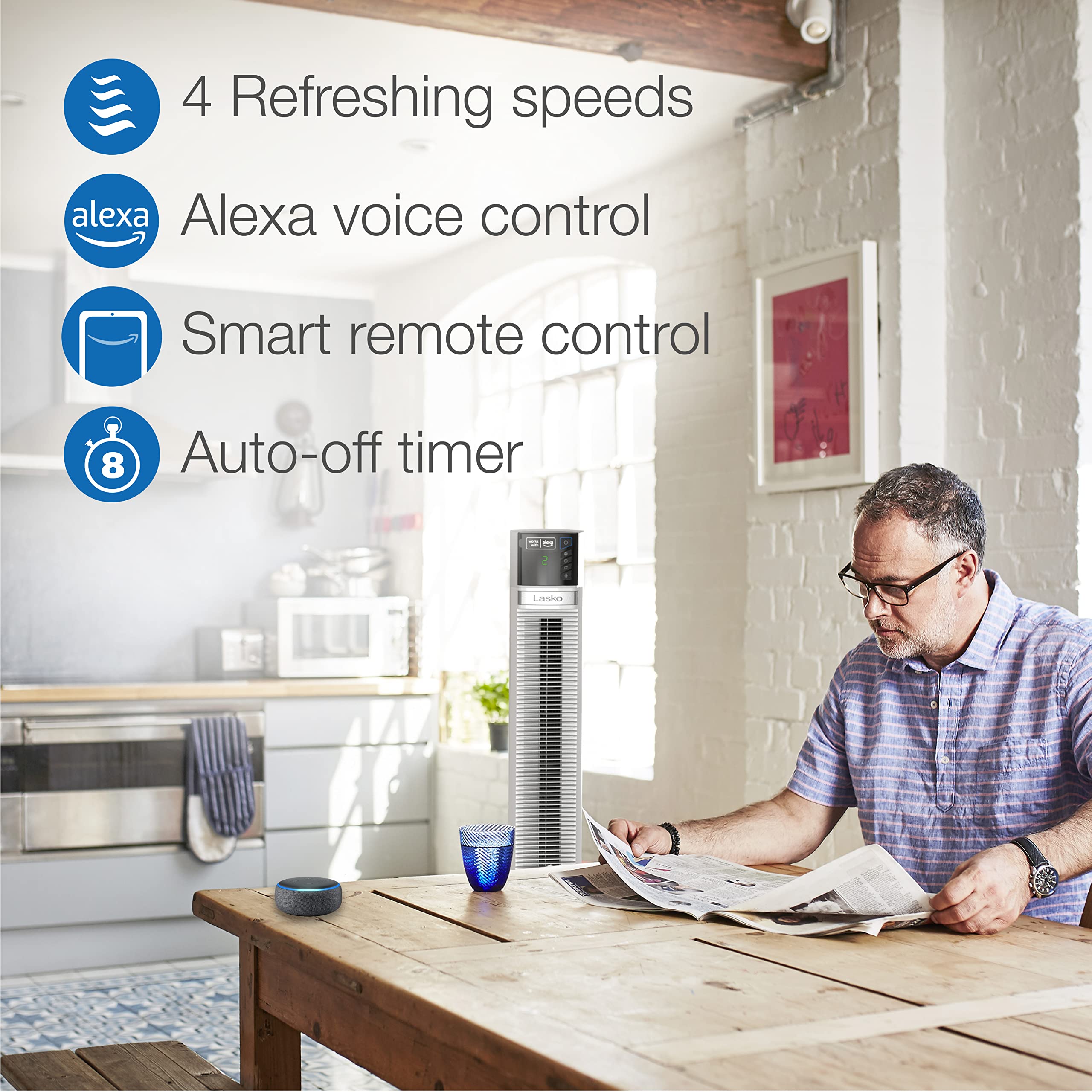 Lasko Works With Alexa Oscillating Tower Fan, Voice Controlled, 4 Quiet Speeds, Sleep Mode, Timer, Bedroom, Living Room, 48, Whi