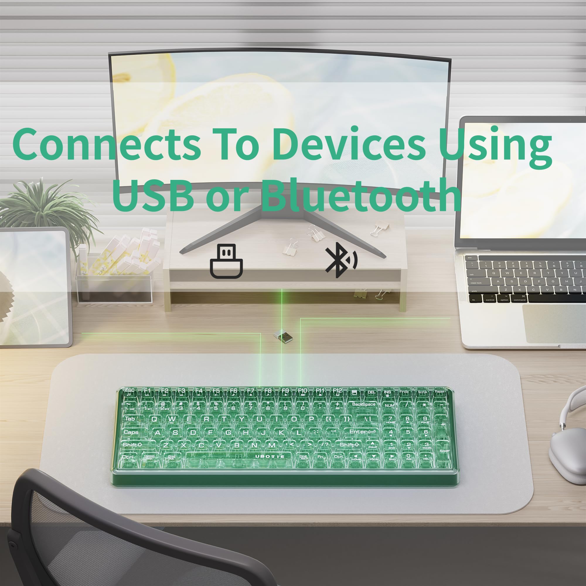 Ubotie Bluetooth Wireless Transparent Keyboard, Dual Mode Bt1 Bt2 Usb Receiver Connection 100Keys Bt Keyboard With Power On Off