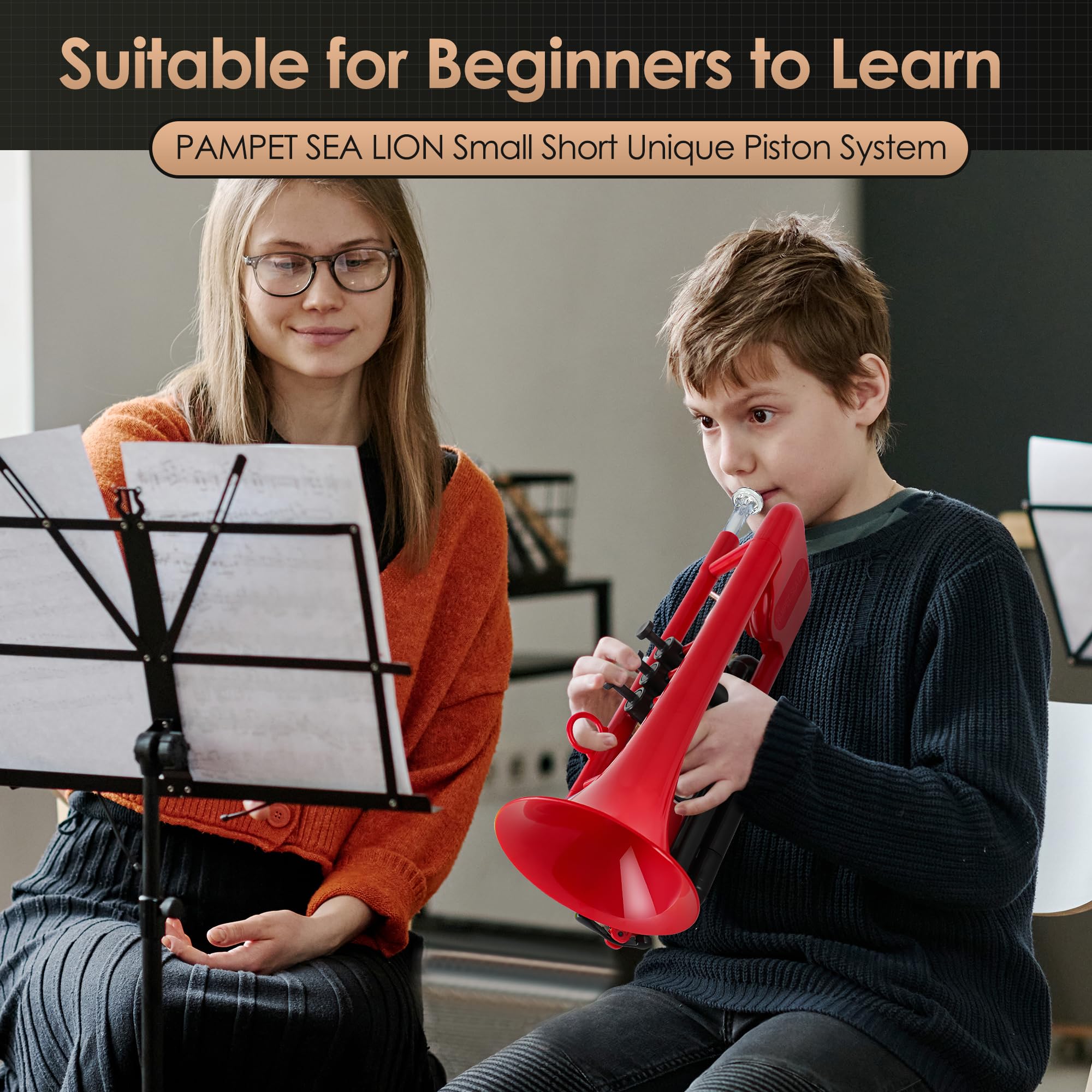 Pampet Sea Lion Professional Plastic Bb Trumpet Standard Trumpets Trumpet Set For Student Beginner Bb Trumpet Instrument (Red)