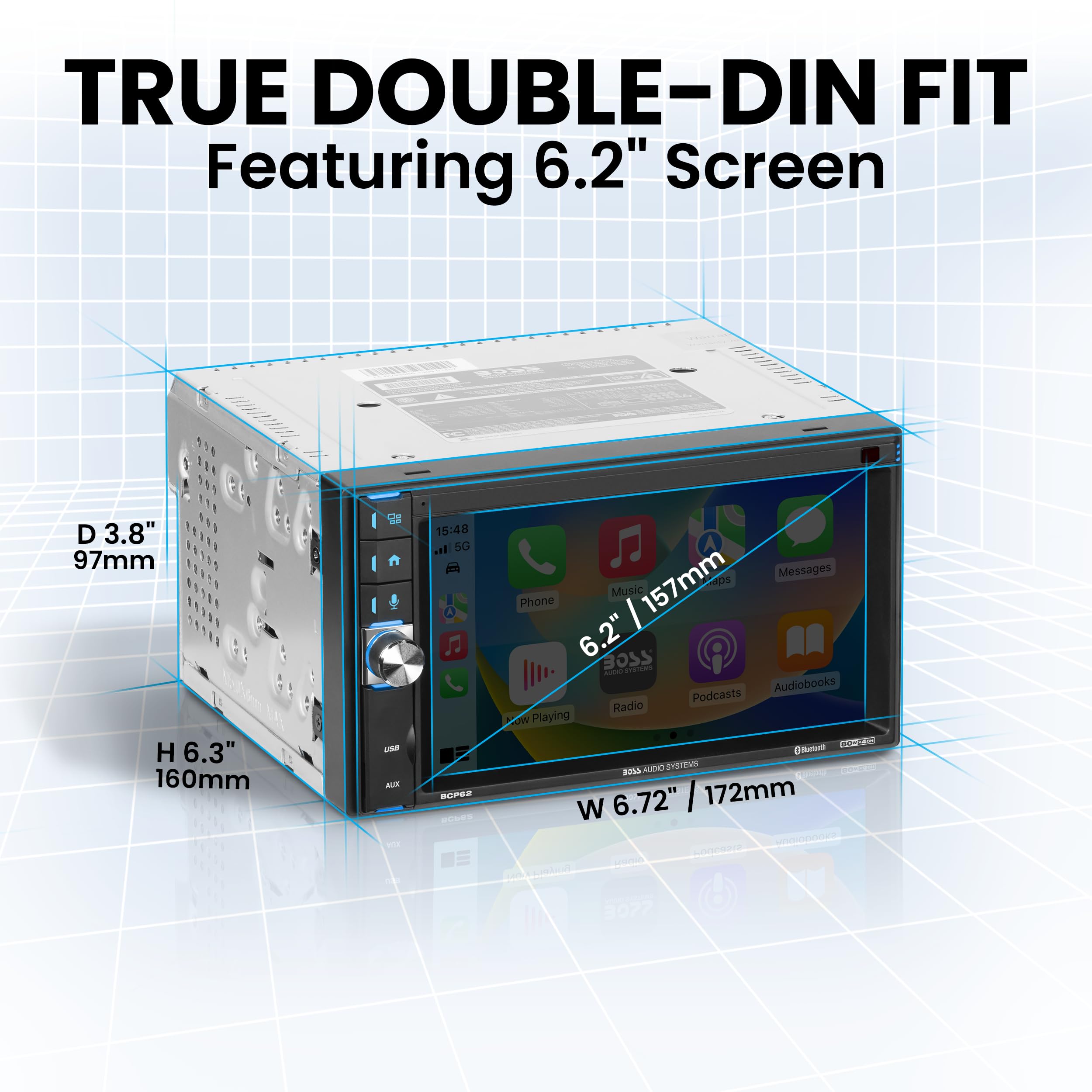 Boss Audio Systems Bcp62 Rc Car Stereo   Apple Carplay, Double Din, 6.2 Inch Capacitive Touchscreen, Bluetooth, No Cd Dvd Player