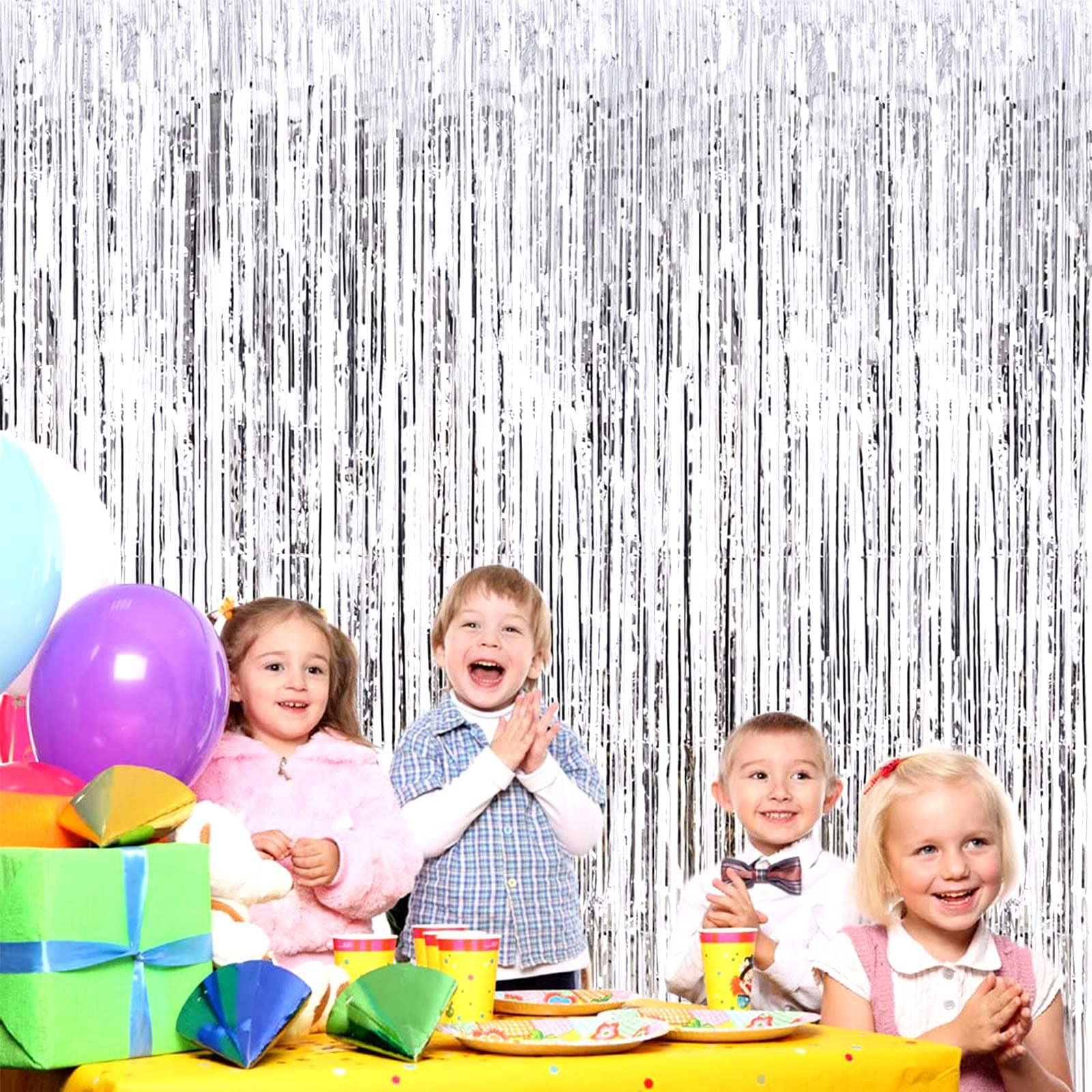 4 Pack Silver Foil Fringe Curtain Backdrop, 3.28Ft X 8.2Ft Metallic Tinsel Foil Fringe Streamer Curtains For Photo Booth Props,