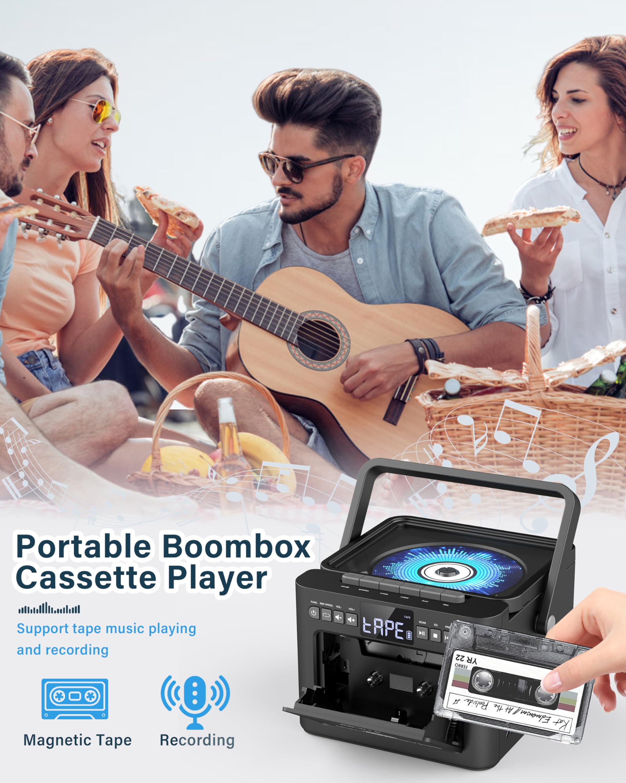 Boombox Cassette Cd Player Bluetooth5.1 With 5000Mah Battery,5W Dual Stereo Speakers,Rechargeable Cd Player With Fm Radio,Remote
