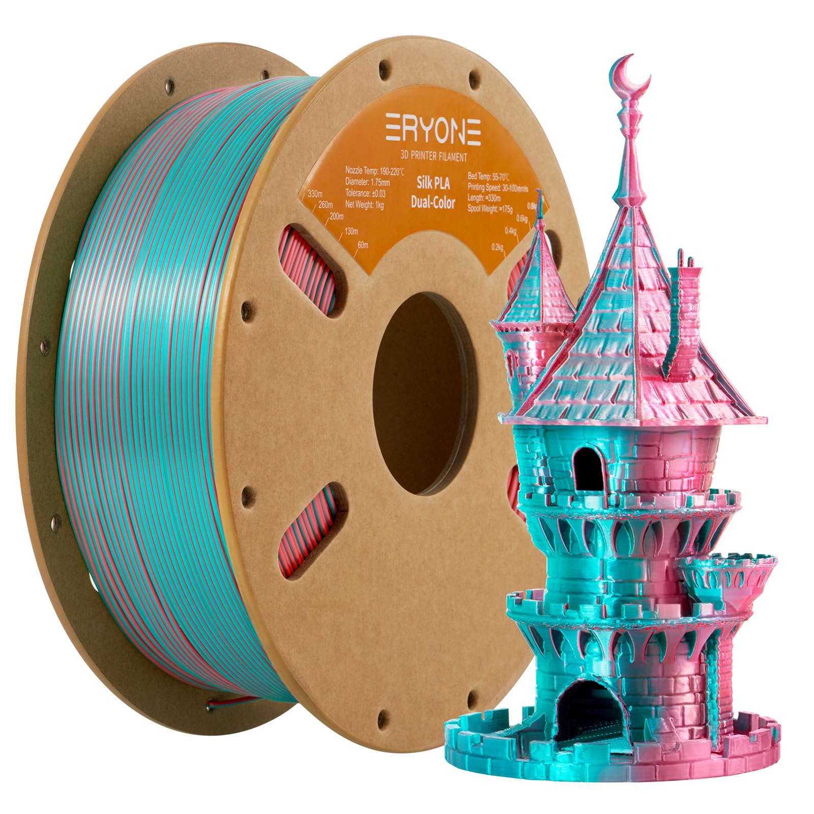 Eryone Silk Dual Color Filament Pla 3D Printer 1.75Mm +/  0.03Mm, Coextrusion Filament Pla Shiny Filament 1Kg(2.2Lbs), Teal&Oran