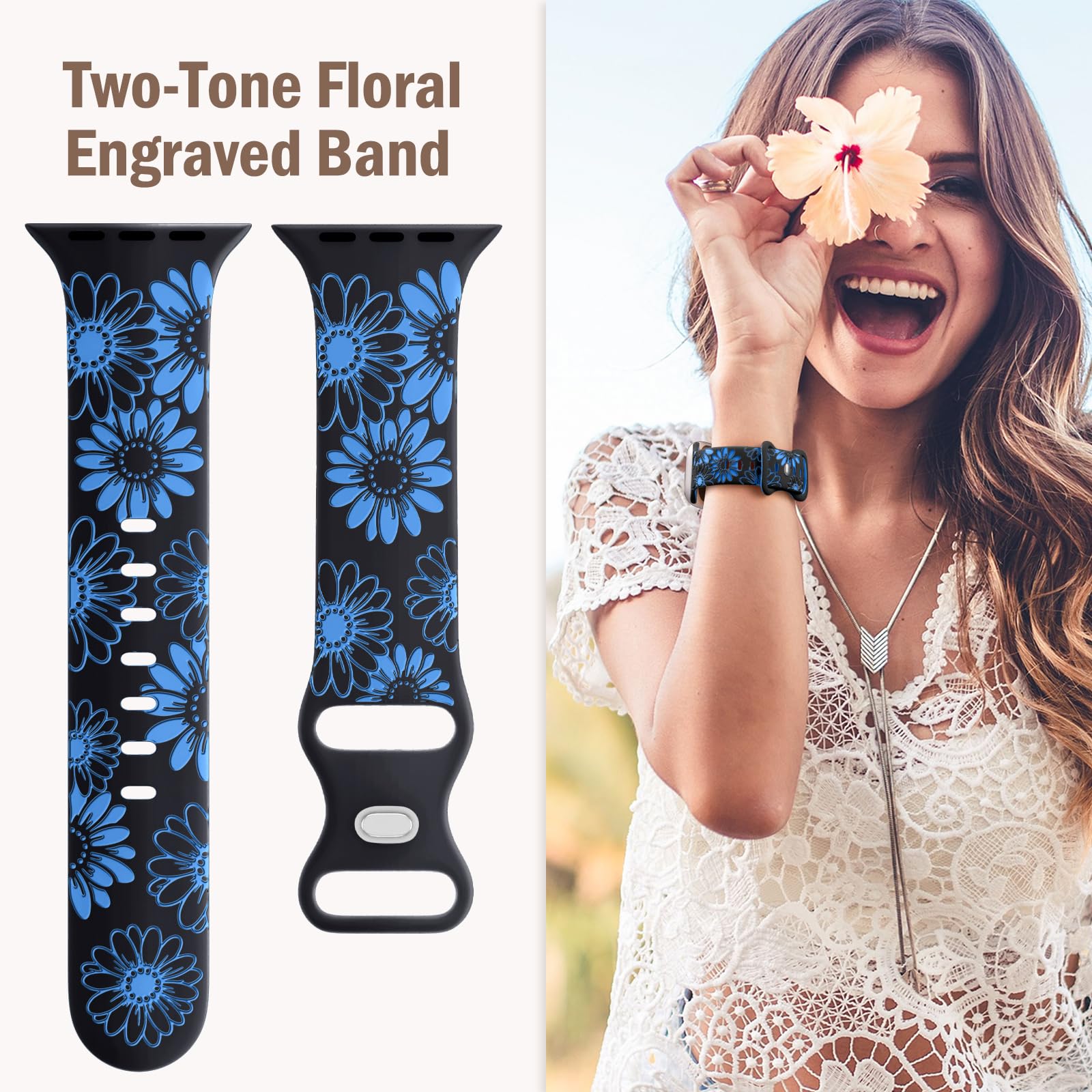 Daqin Floral Engraved Band Compatible With Apple Watch Band 40Mm 41Mm 38Mm Women, Cute Flower Pattern Iwatch Bands Soft Silicone