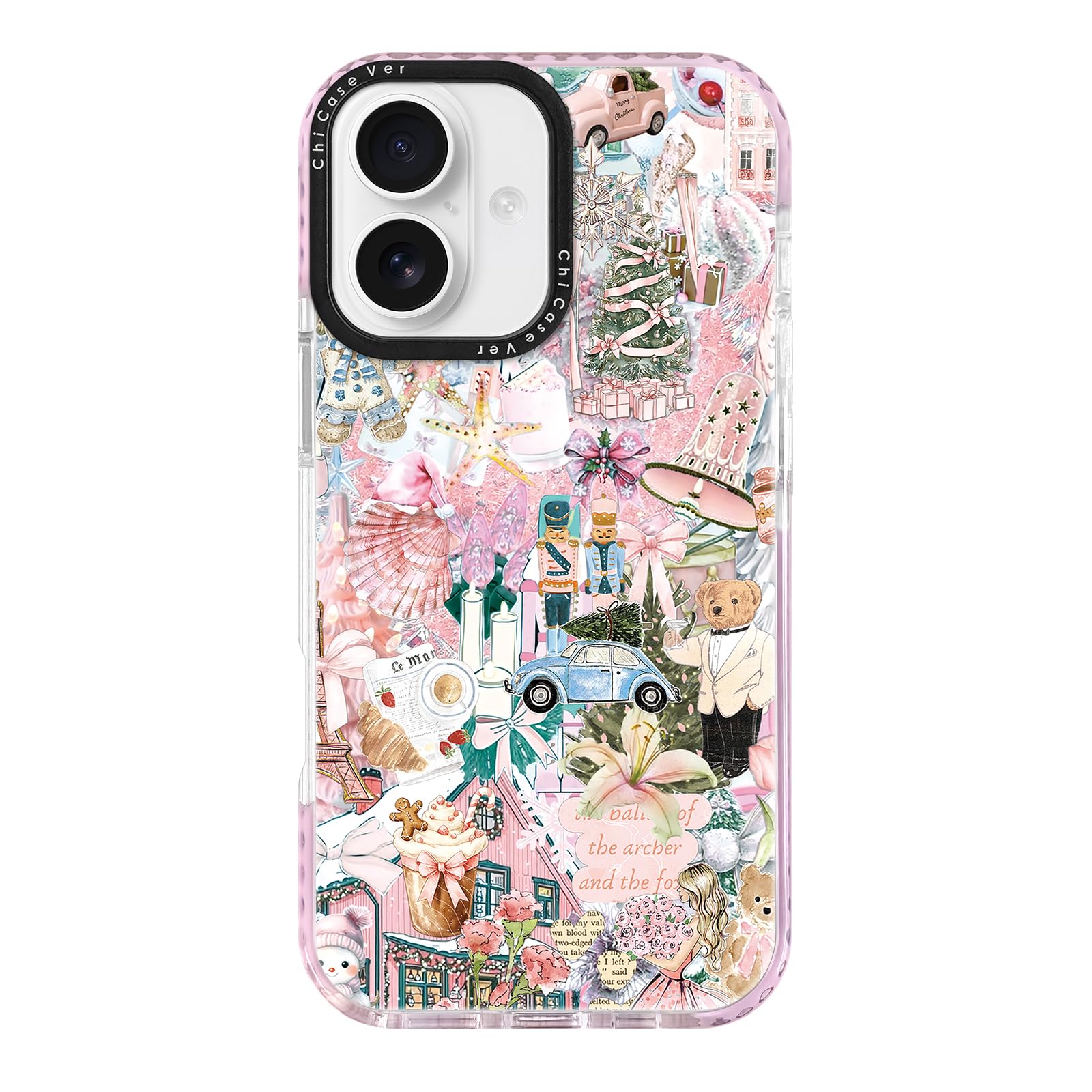 ChiCaseVer for iPhone 16 Plus Case, Pink Nutcracker Ballet Collage Pattern with Teddy Bears & Girly Cozy Vibes, Trendy Girly Sof