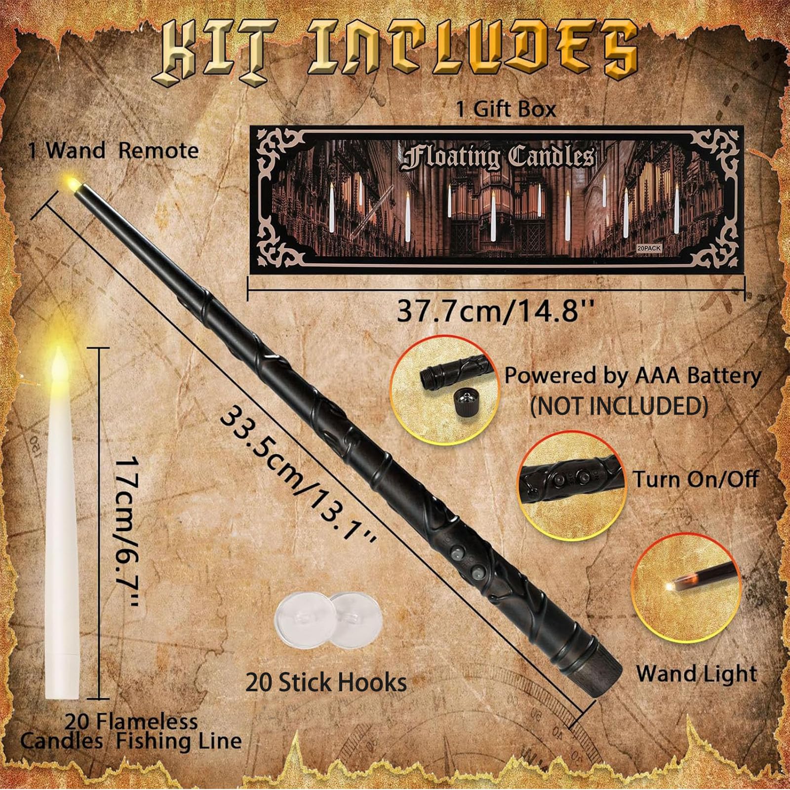 20 Pcs Floating Candles With Wand, Halloween Decoration Magic Hanging Flickering Warm Light Taper Led Candles With Wand Remote,