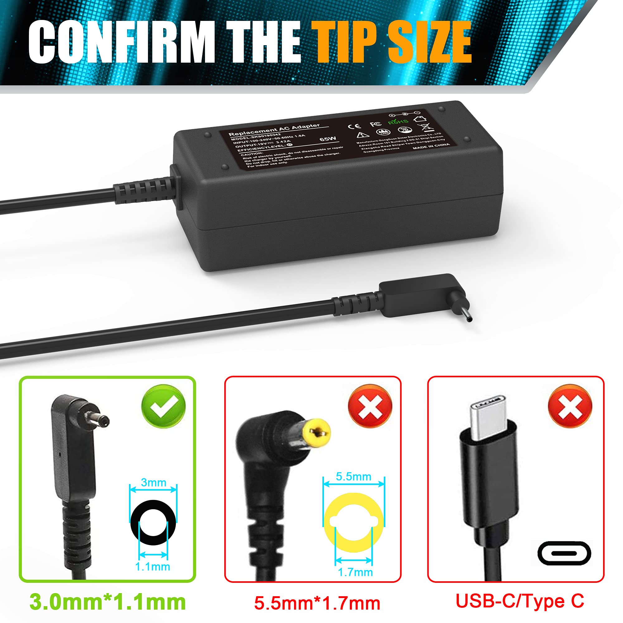 19V 3.42A 65W Ac Adapter Laptop Charger For Acer Chromebook 11 13 14 15 R11 Cb3 Cb5 C740 C720 C720P C738T C731 Cb3 532 Cb3 131 C