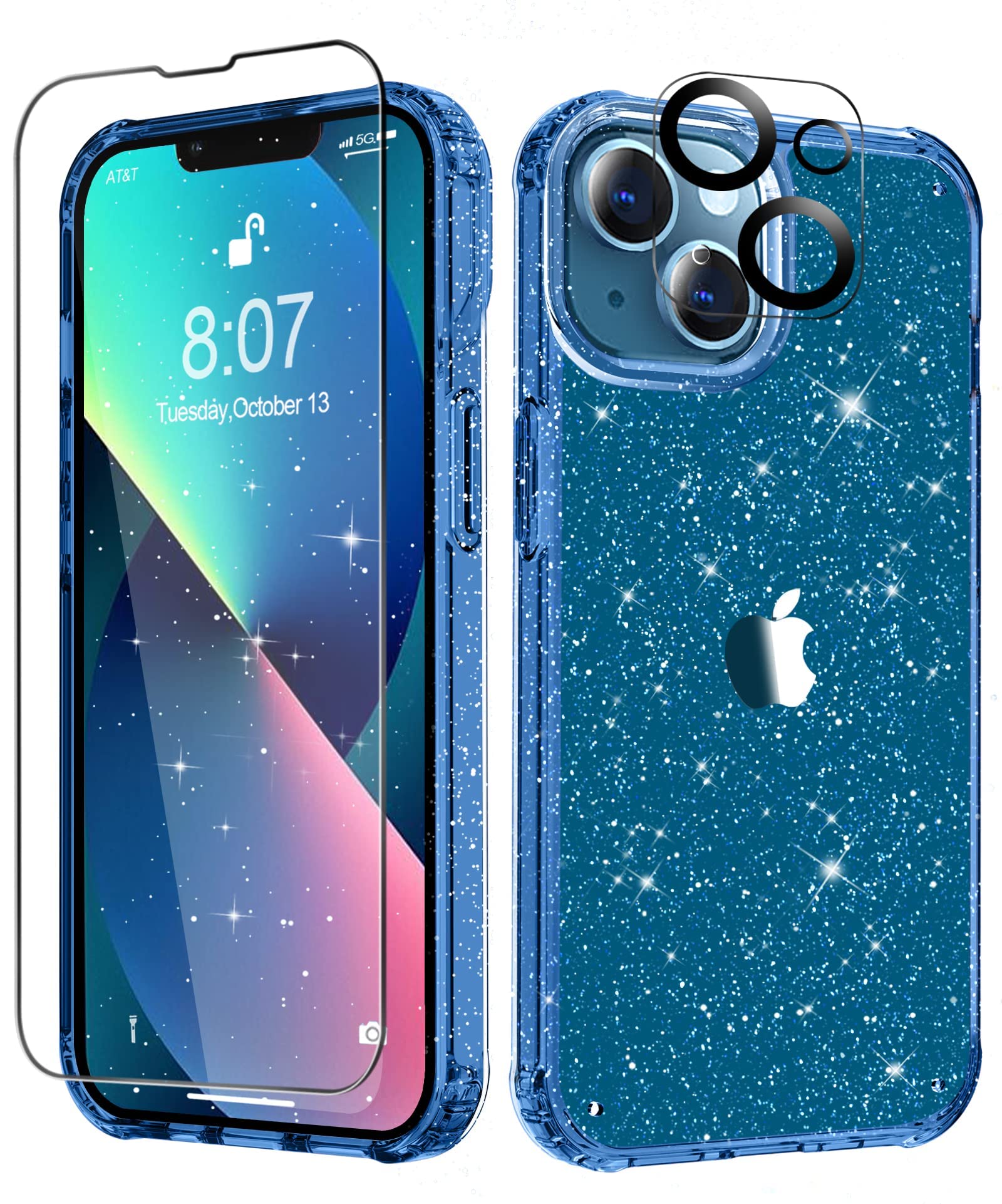 MIODIK Compatible with iPhone 13 Case, with Screen Protector + Camera Lens Protector, Clear Glitter Shockproof Protective Phone 