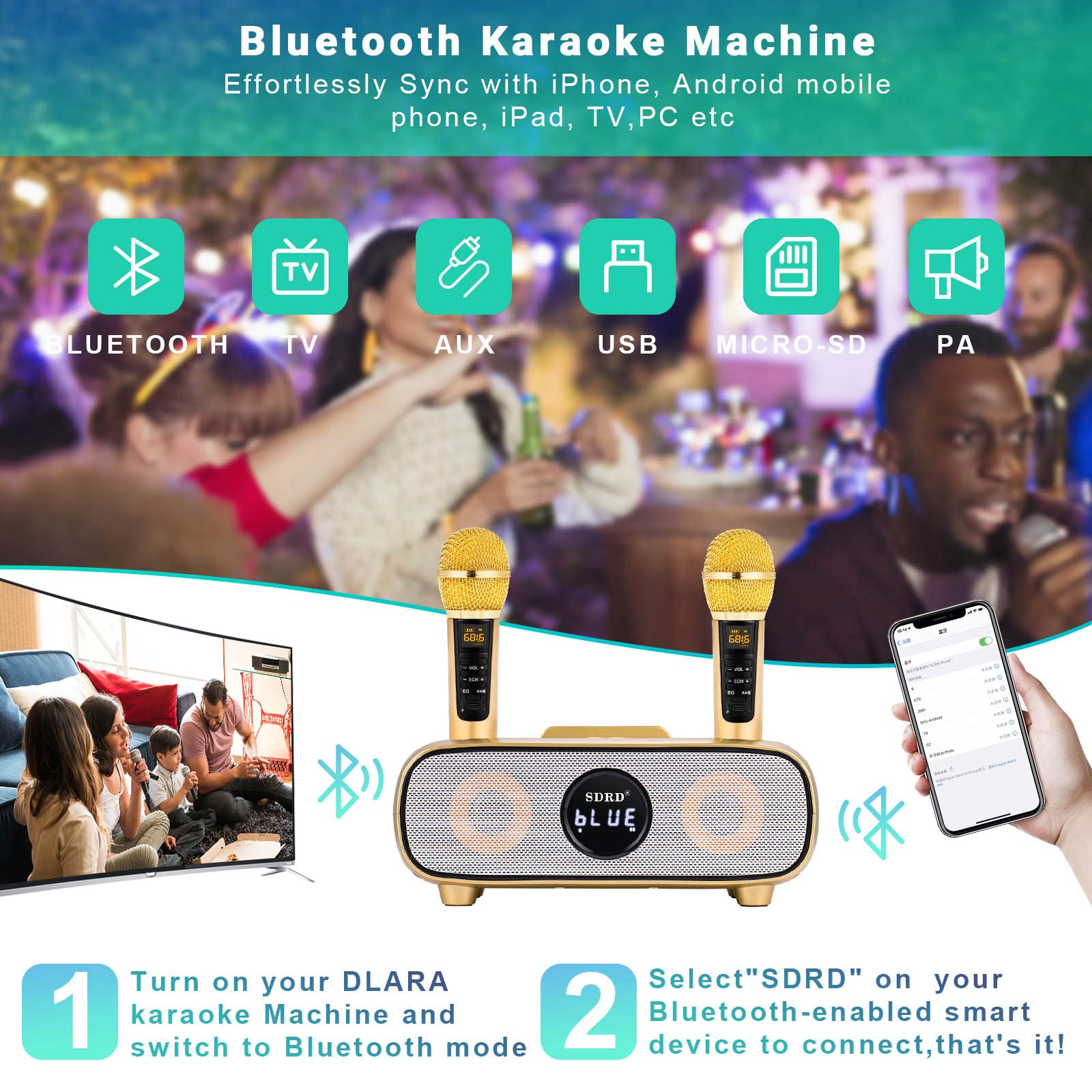 Karaoke Machine For Adults And Kids,Portable Bluetooth 2 Wireless Karaoke Microphone With Holder/Usb/Tf Card/Aux-In, Pa Speaker