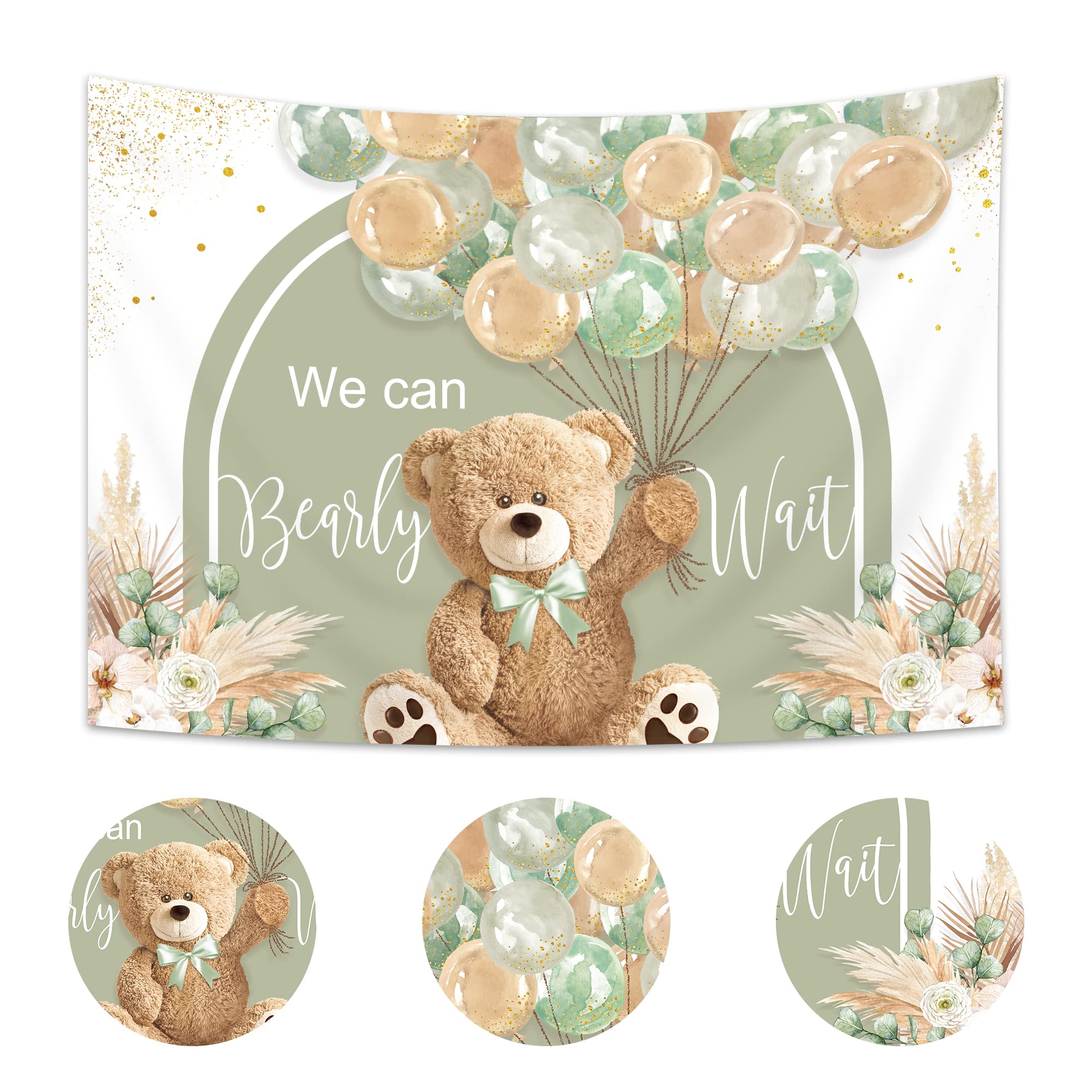 Imirell Bear Baby Shower Backdrop 8Wx6H Feet We Can Bearly Wait Cute Cartoon Green Brown Balloon Floral Pampas Grass Polyester F