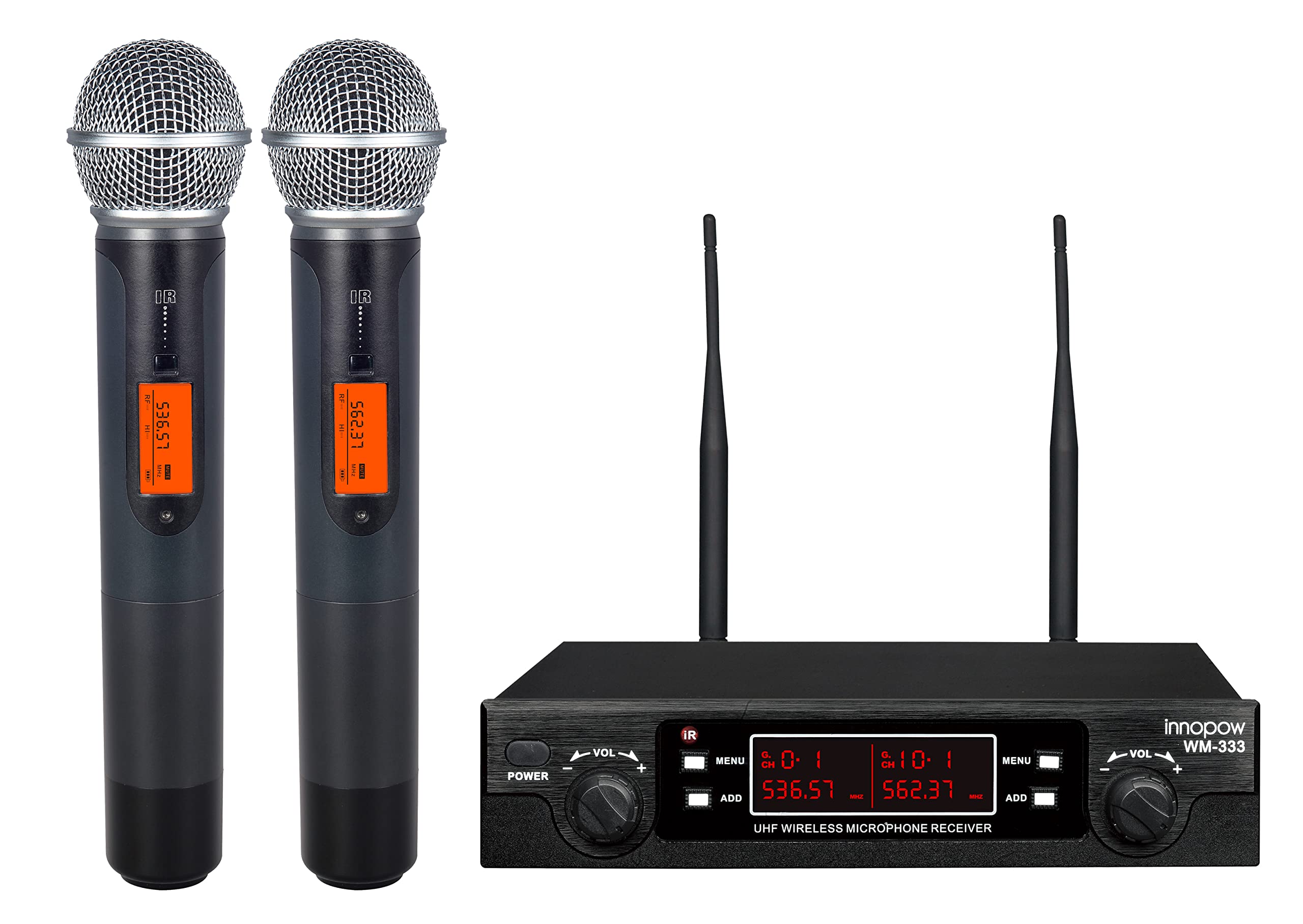 innopow WM-333 Wireless Microphone System, Dual UHF Cordless Mics, Long Range 200-240Ft, Metal, 16 Hours Use, 2 Handheld Mics