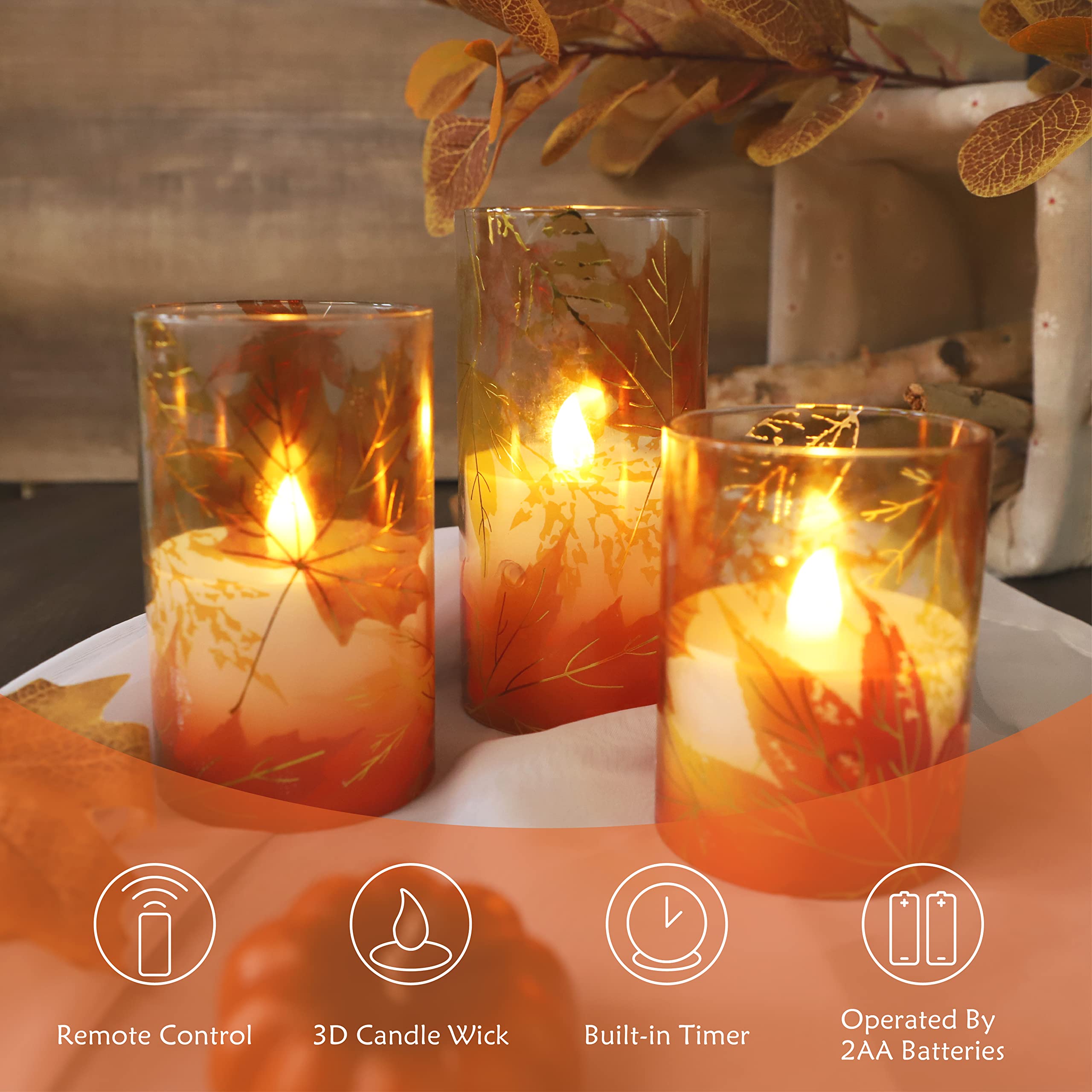 Gorge Moment Flameless Led Candles Battery Operated Flickering With Remote Timer Glass Effect Gold Red Maple Leaves Realistic Wa