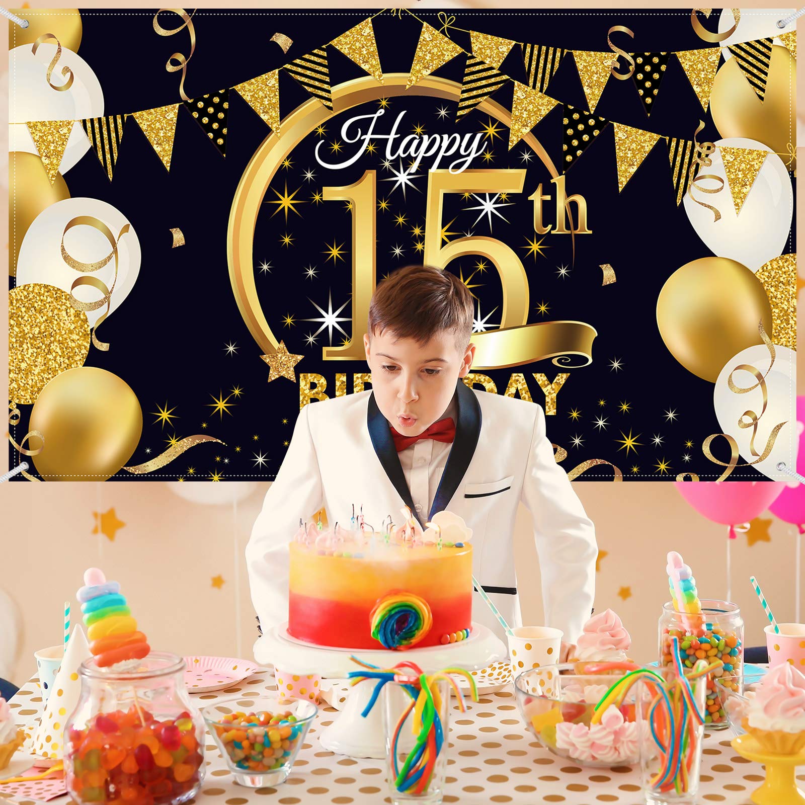 15Th Birthday Party Decoration, Extra Large Fabric Black Gold Sign Poster For 15Th Anniversary Photo Booth Backdrop Background B