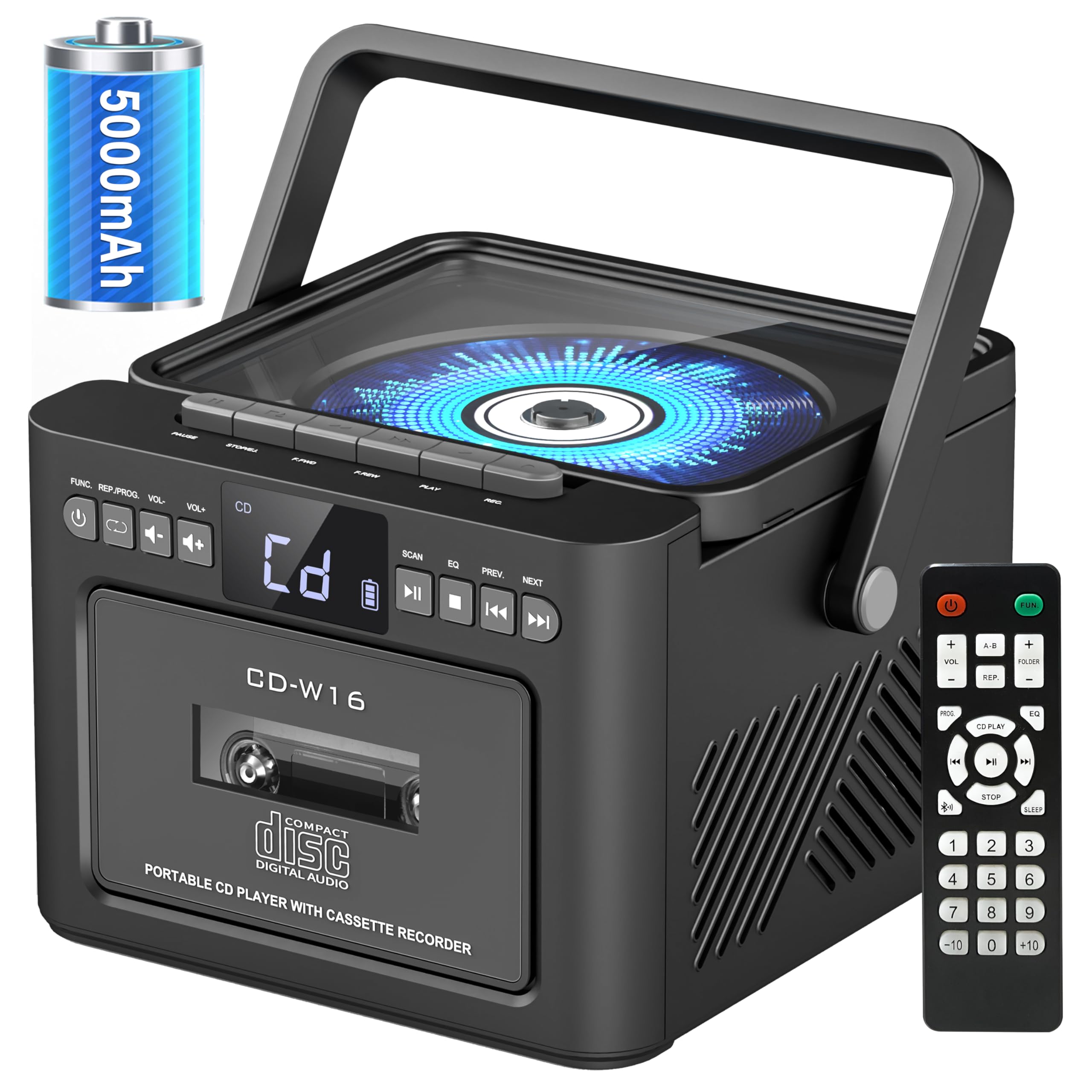 Boombox Cassette Cd Player Bluetooth5.1 With 5000Mah Battery,5W Dual Stereo Speakers,Rechargeable Cd Player With Fm Radio,Remote