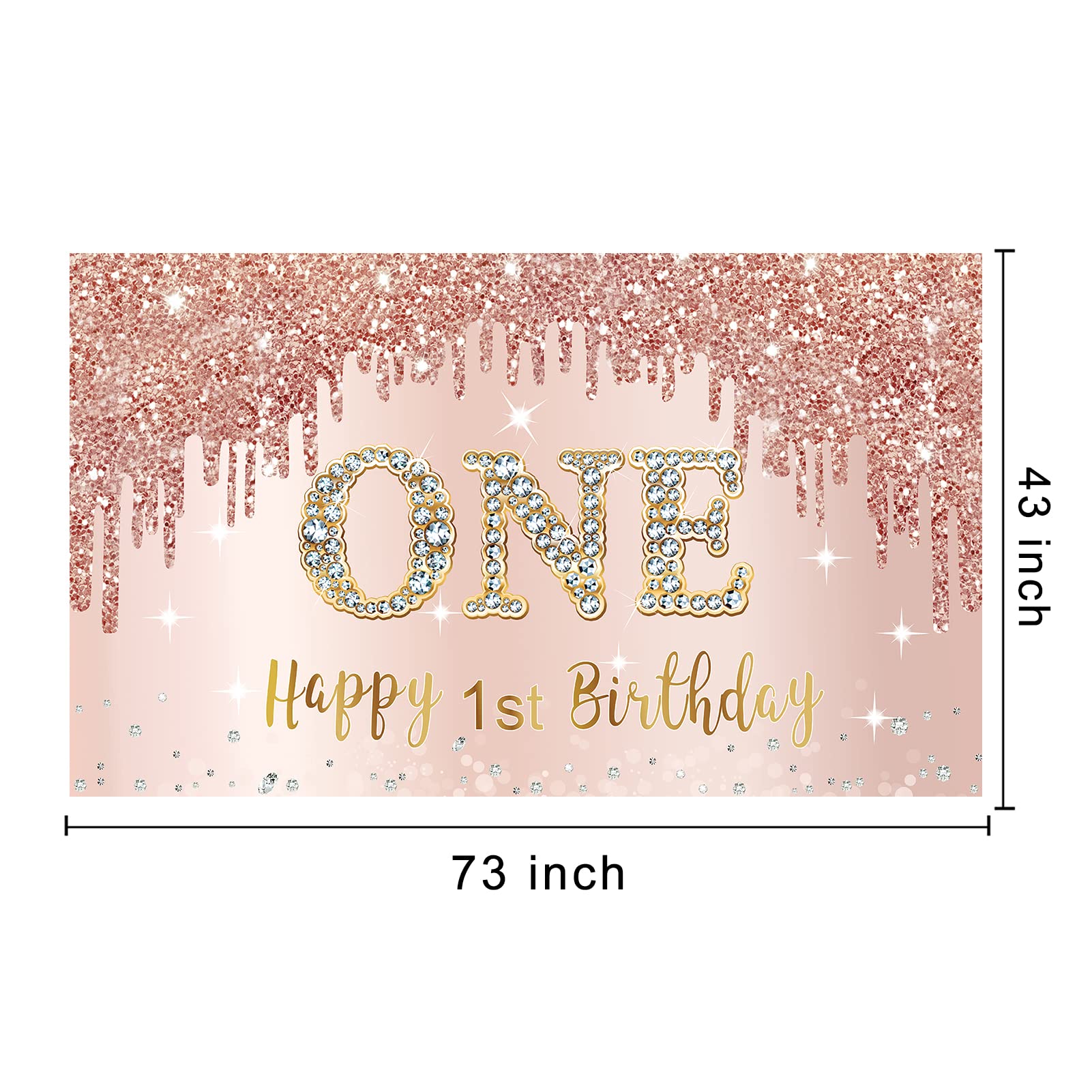 Happy 1St Birthday Banner Backdrop Decorations For Girls, Rose Gold 1 Year Old Birthday Party Sign Supplies, Pink One Birthday P