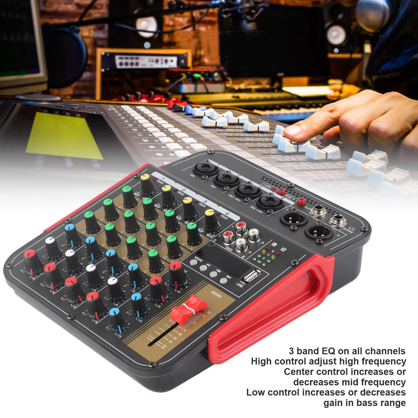 Jeanoko Audio Mixer Sound Mixing Console,Professional Mixing Console, 4 Channel Audio Mixer Controller Usb Input 3 Band Eq Metal