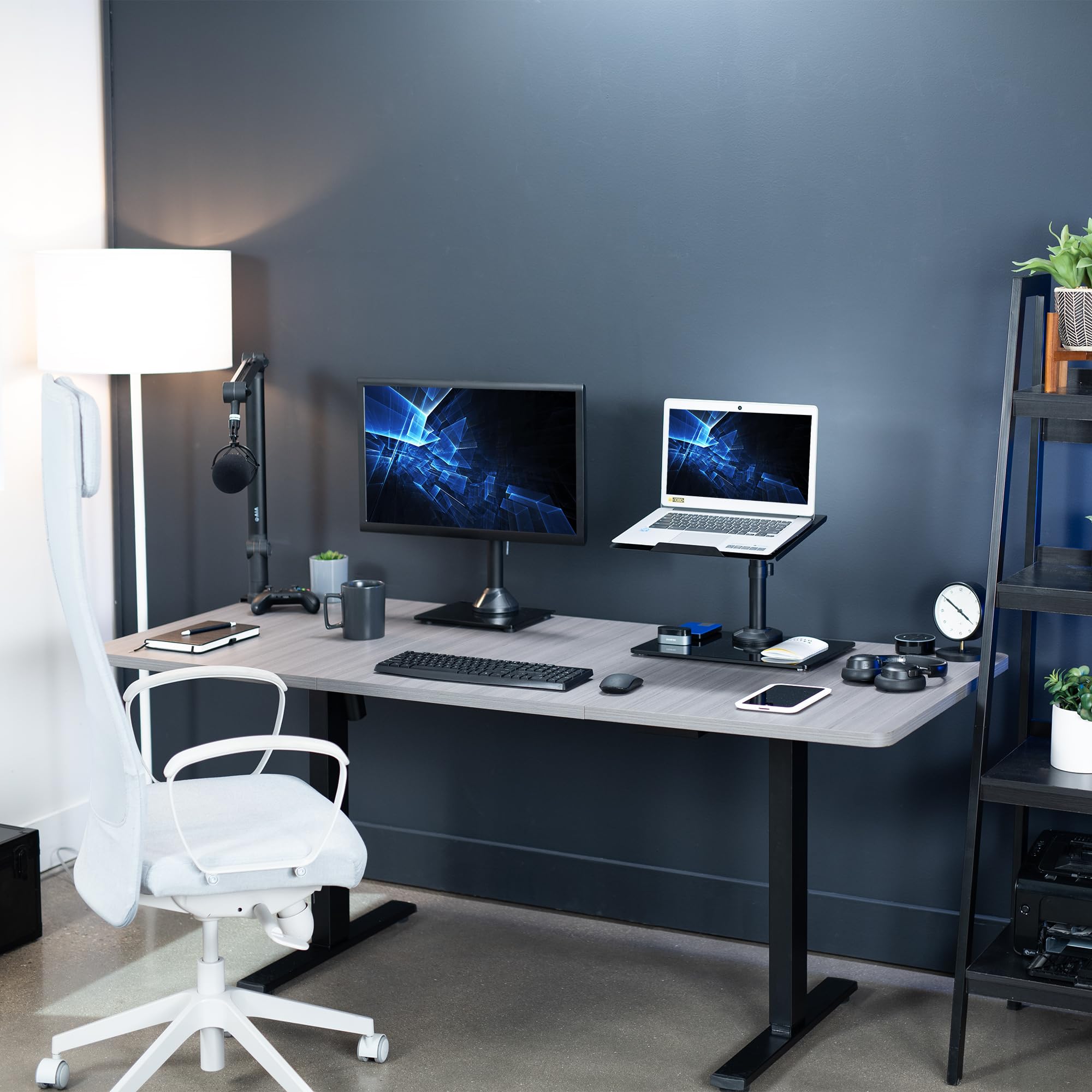 VIVO Free Standing Single Laptop Desk Stand with Sleek Glass Base, Adjustable Arm with Ventilated Notebook Tray, Fits up to 17 inch Laptops, Black, STAND V001FGL