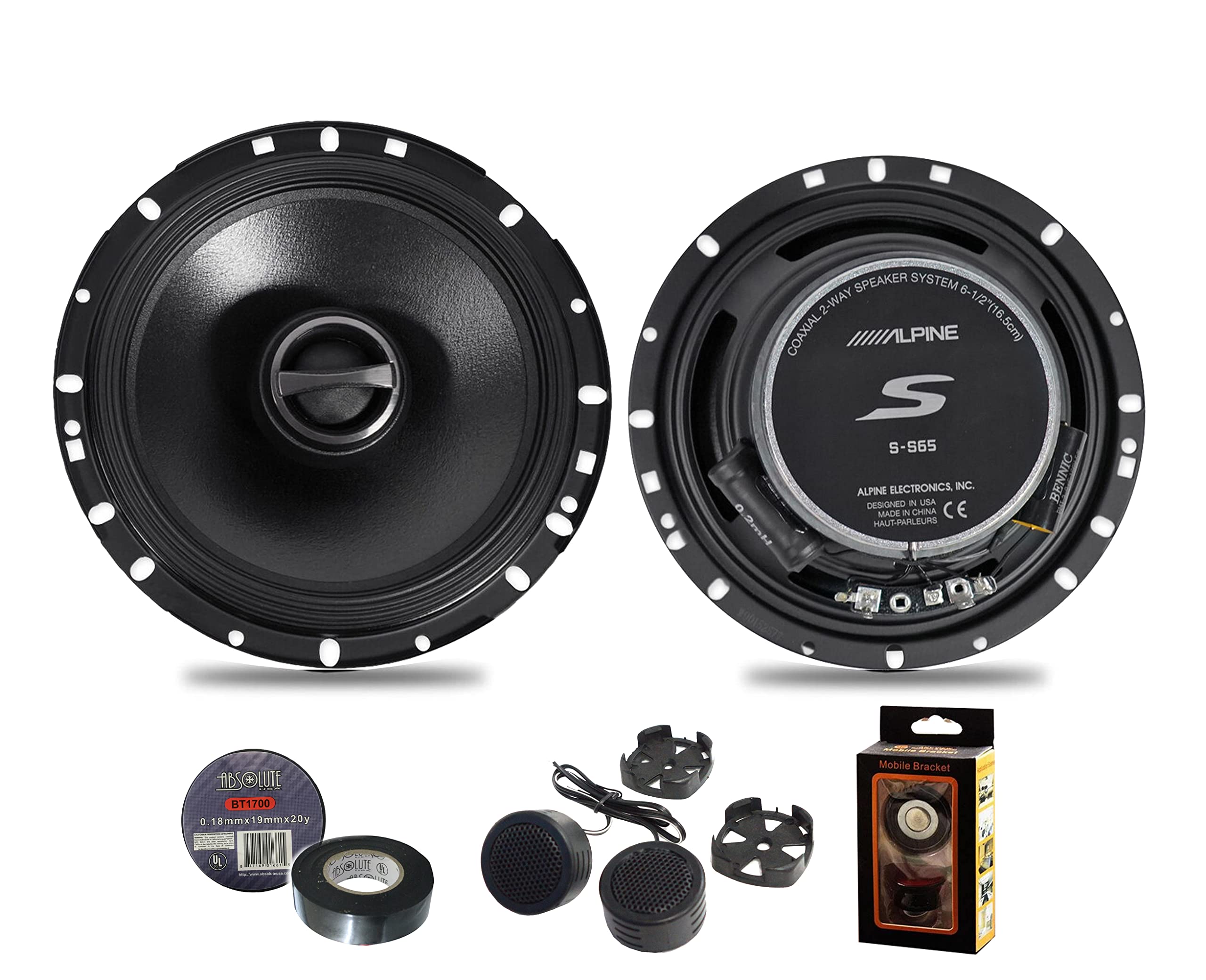 Alpine S-S65 (Type-S) 480W Peak (160W RMS) 6.5 S-Series 2-Way Coaxial Car Speakers+Free Mobile Bracket, Tweeter TW600, Electrica