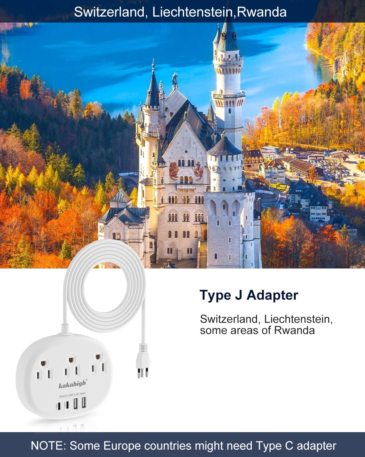 Switzerland Power Adapter, Switzerland Travel Plug Adapter With 3 American Outlets 4 Usb Ports (2 Usb C) Total 24W, Type J Adapt